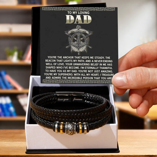 To My Loving Dad- Viking Anchor Braided Leather Bracelet with Inspirational Card - Father's Day, Birthday, or Christmas Gift for Dad from Son or Daughter - Mallard Moon Gift Shop