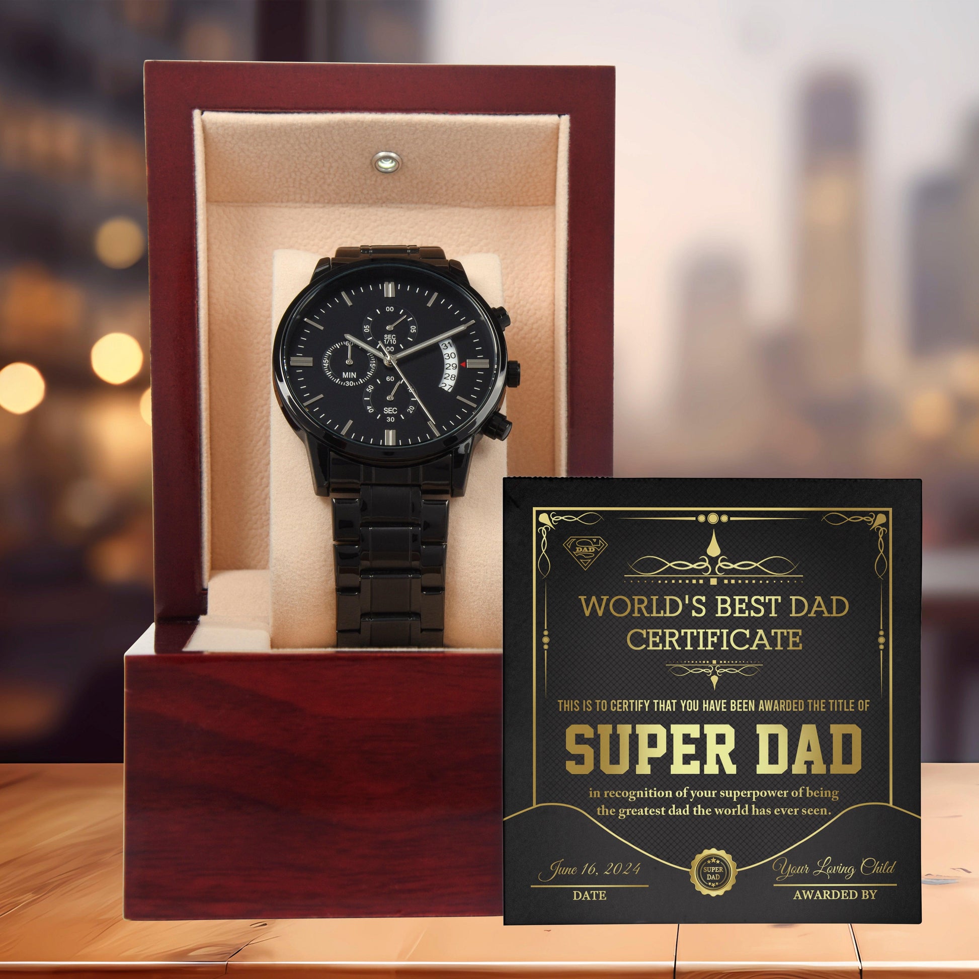 Dad Gift - Super Dad Certificate Black Chronograph Watch - Mallard Moon Gift Shop