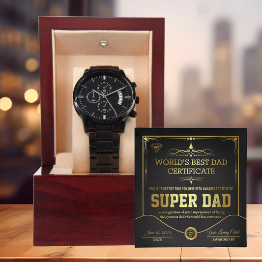 Dad Gift - Super Dad Certificate Black Chronograph Watch - Mallard Moon Gift Shop