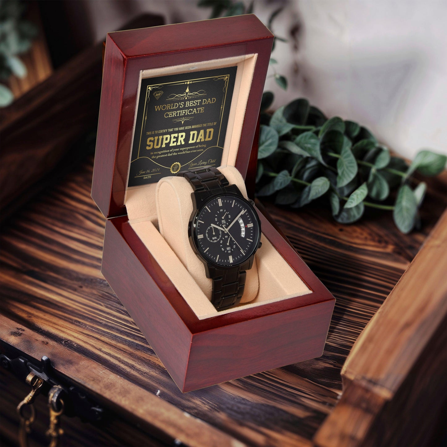 Dad Gift - Super Dad Certificate Black Chronograph Watch - Mallard Moon Gift Shop