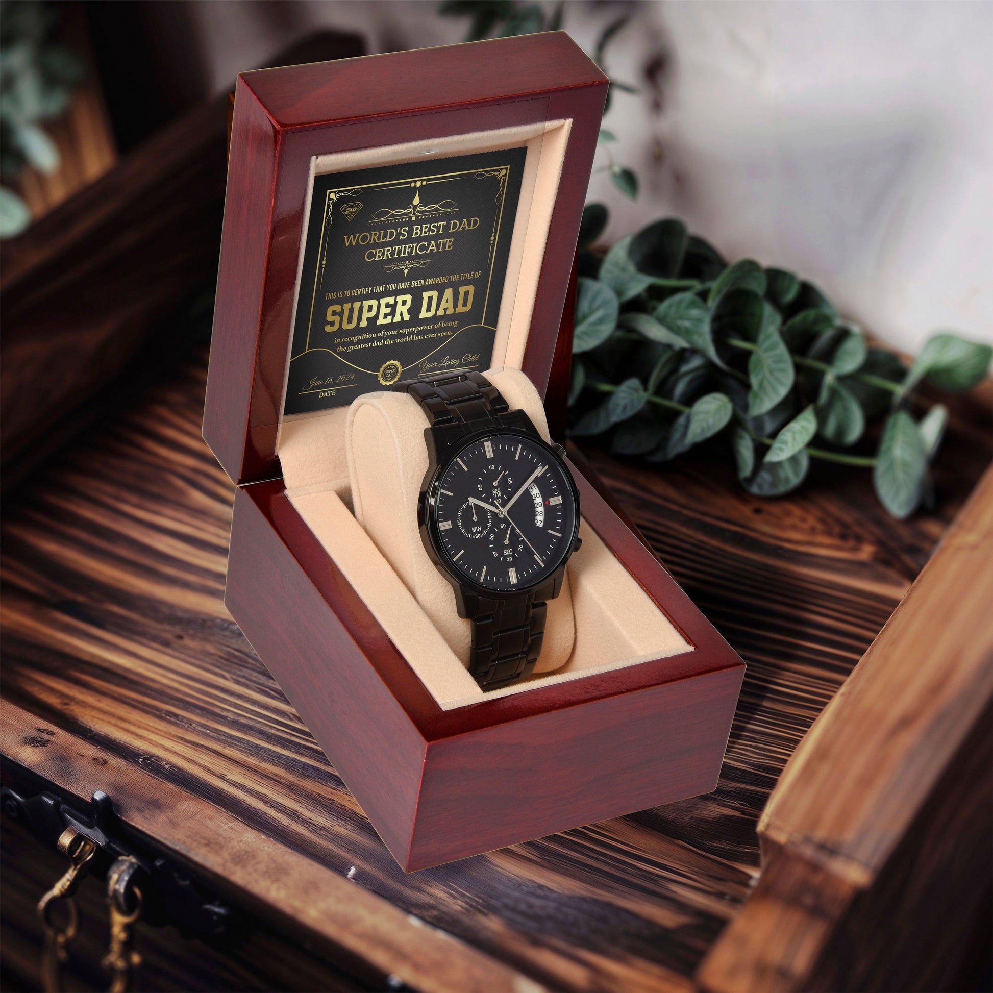 Dad Gift - Super Dad Certificate Black Chronograph Watch - Mallard Moon Gift Shop