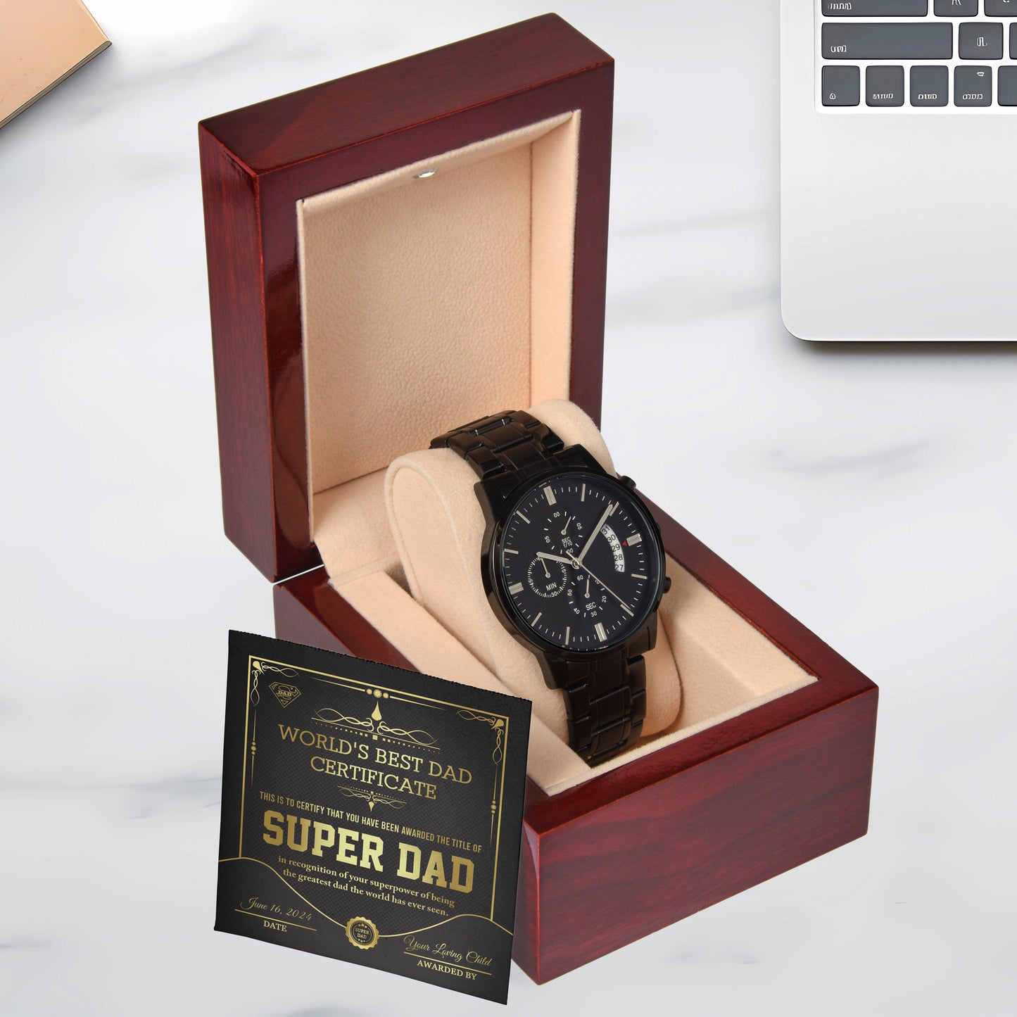 Dad Gift - Super Dad Certificate Black Chronograph Watch - Mallard Moon Gift Shop