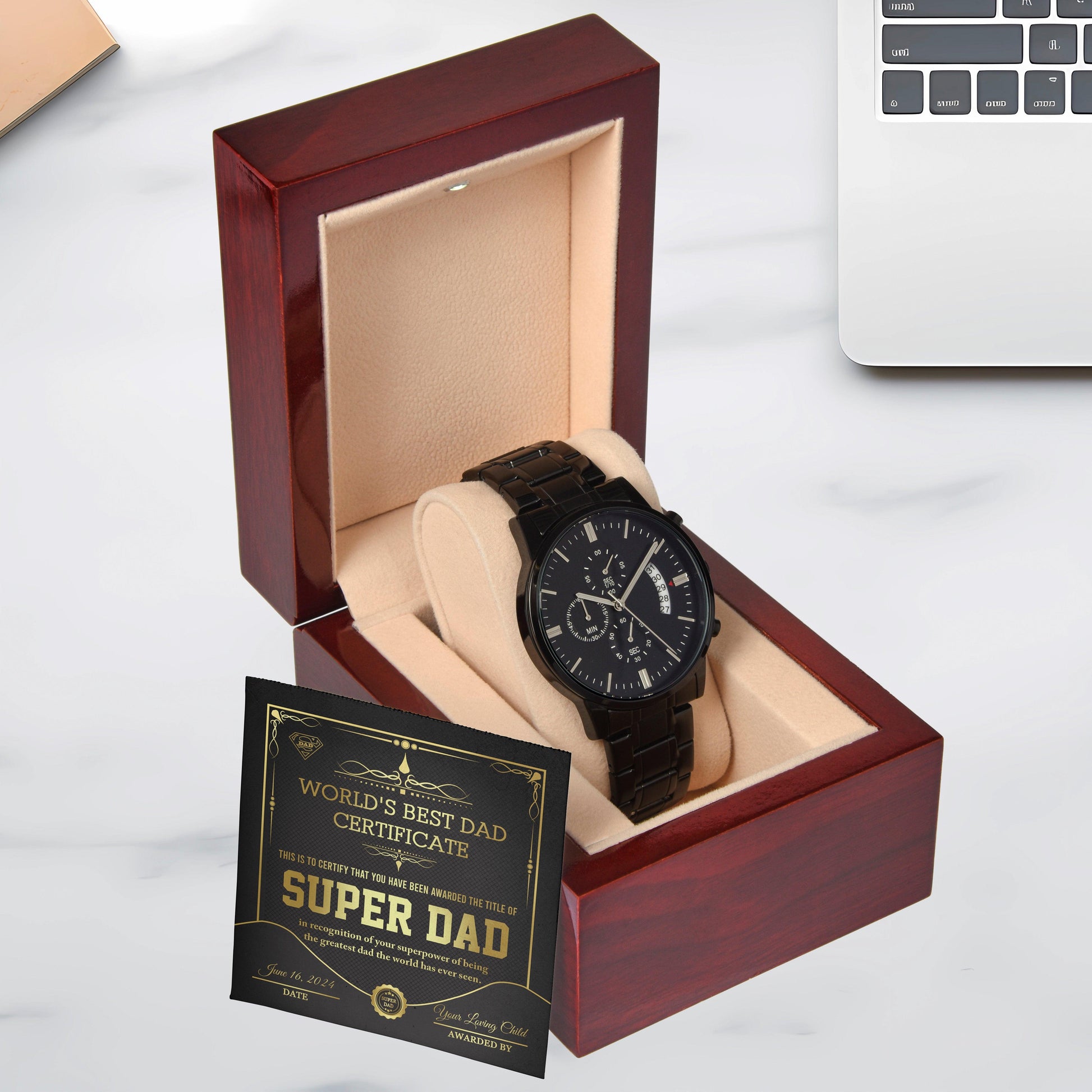 Dad Gift - Super Dad Certificate Black Chronograph Watch - Mallard Moon Gift Shop