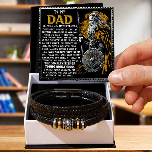 To My Dad Braided Leather Bracelet with Superhero Knight Viking Dad Message Card - Thoughtful Father's Day, Birthday Gift from Son or Daughter for Strong and Courageous Fathers - Mallard Moon Gift Shop