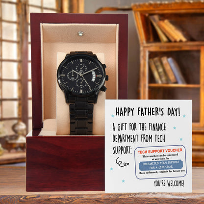 Dad Gift - Tech Support Voucher - Black Chronograph Watch - Mallard Moon Gift Shop