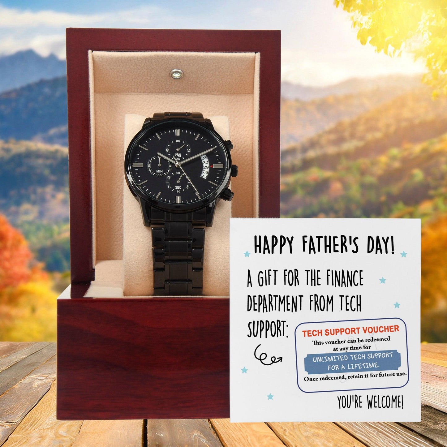 Dad Gift - Tech Support Voucher - Black Chronograph Watch - Mallard Moon Gift Shop