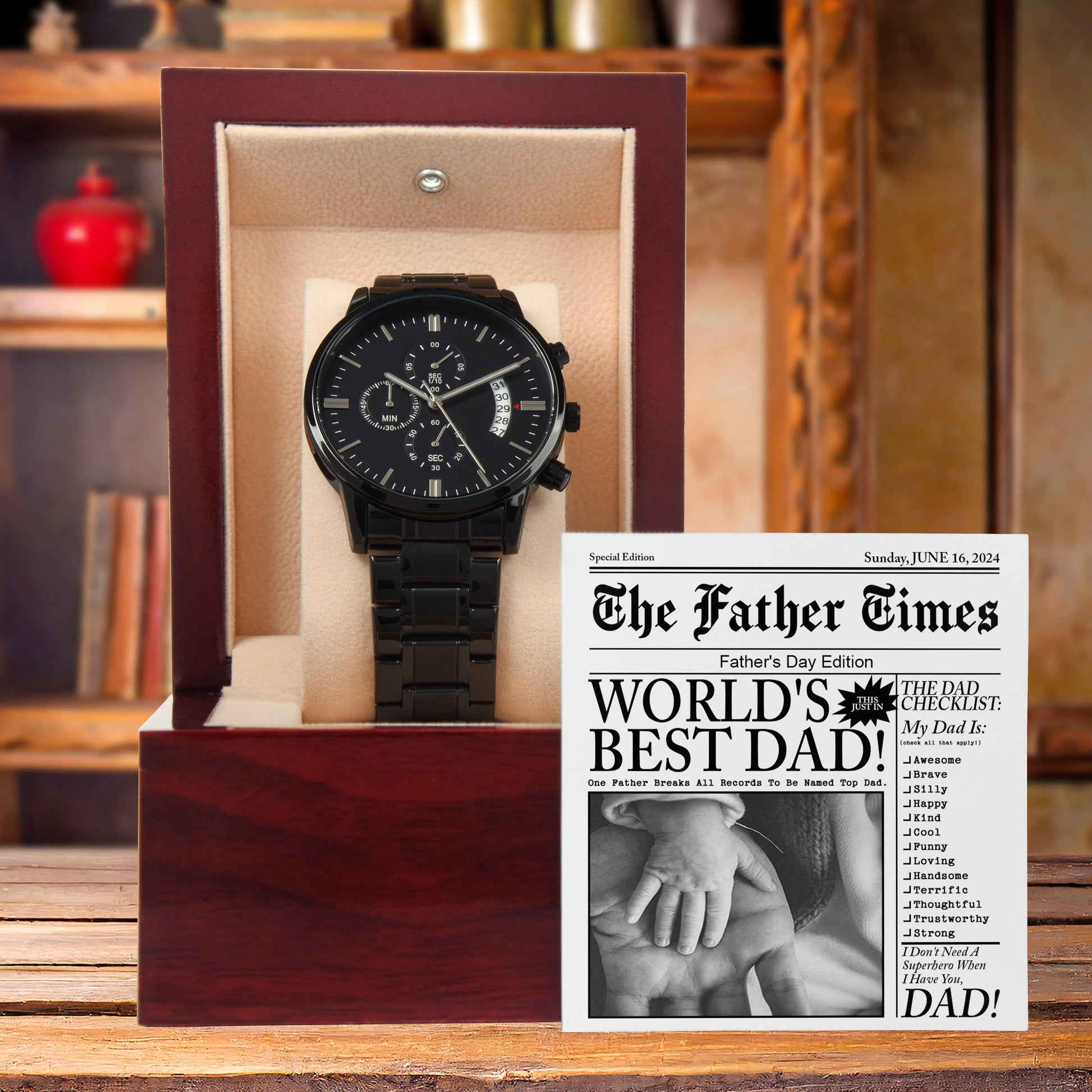 Dad Gift  - Headline on The Father Times - World's Best Dad - Black Chronograph Watch - Mallard Moon Gift Shop