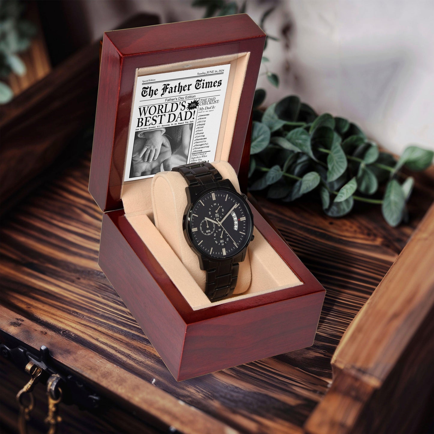Dad Gift  - Headline on The Father Times - World's Best Dad - Black Chronograph Watch - Mallard Moon Gift Shop
