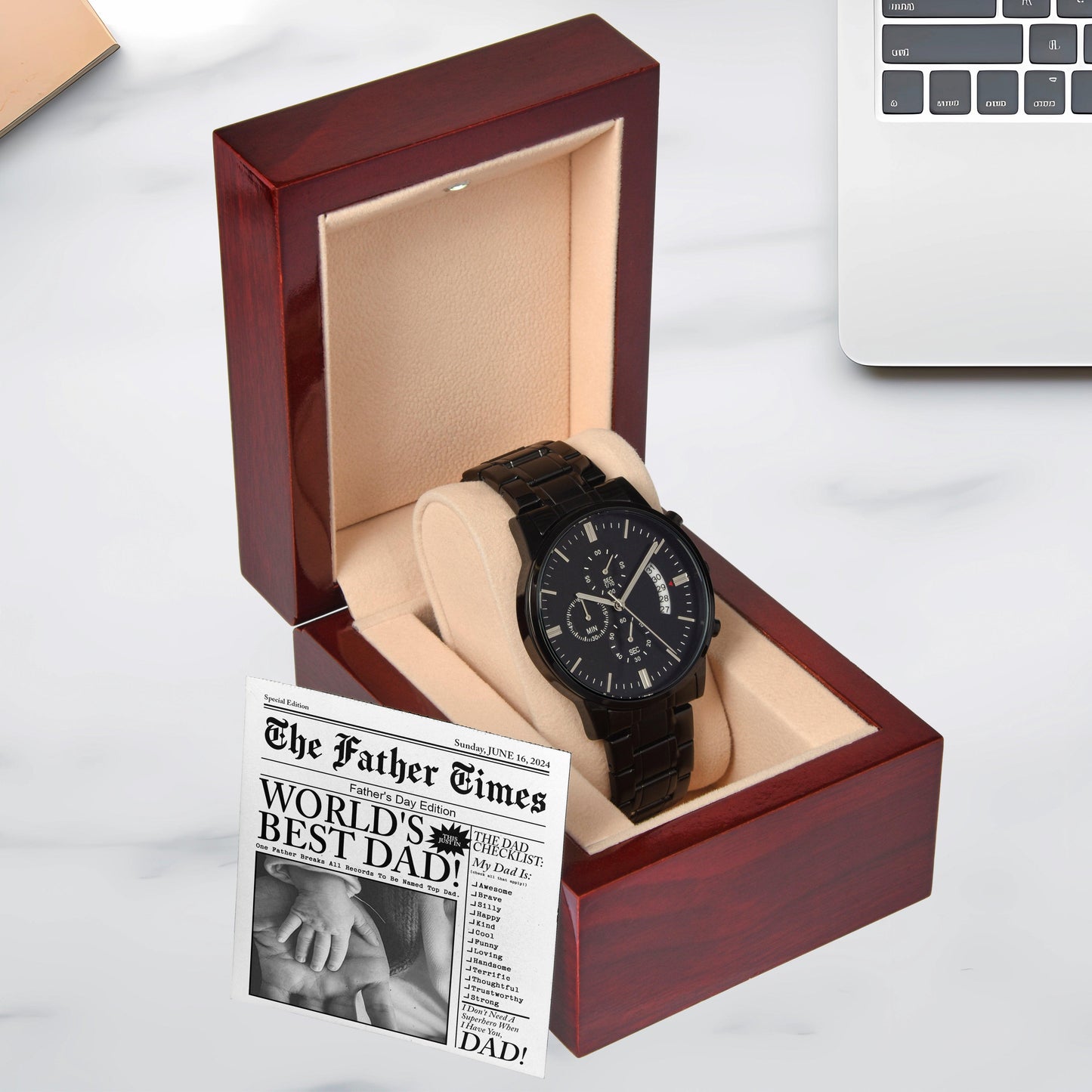 Dad Gift  - Headline on The Father Times - World's Best Dad - Black Chronograph Watch - Mallard Moon Gift Shop