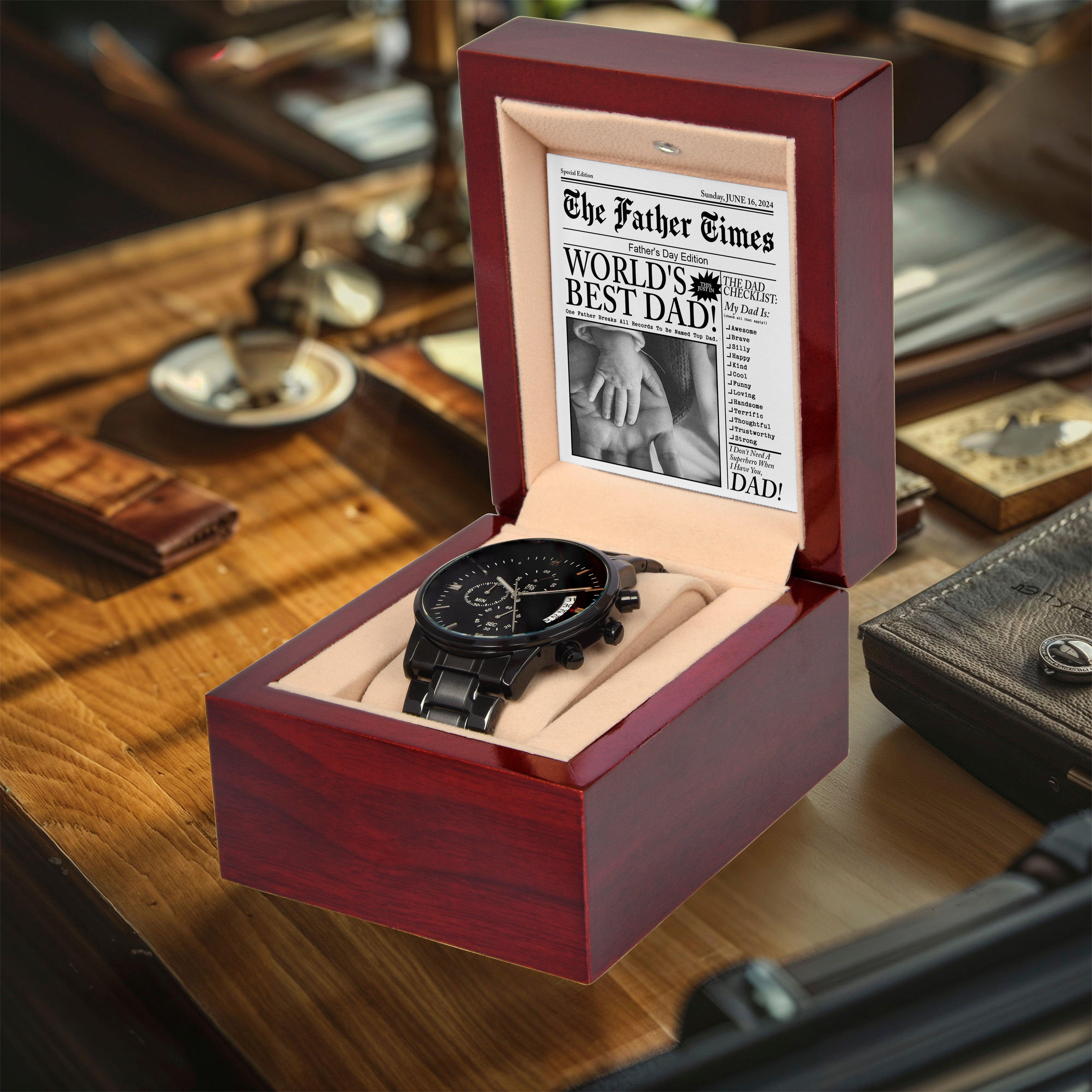 Dad Gift  - Headline on The Father Times - World's Best Dad - Black Chronograph Watch - Mallard Moon Gift Shop