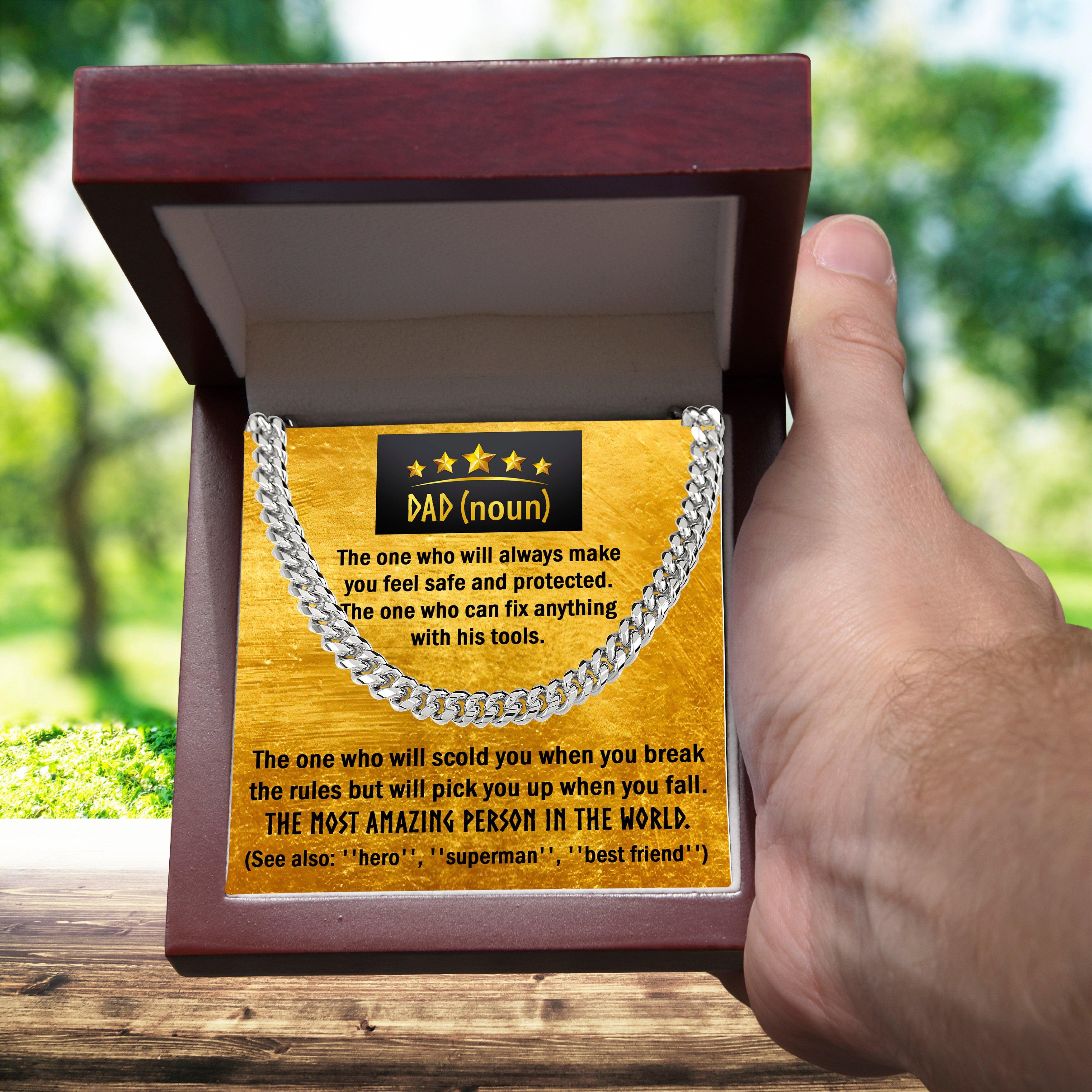 Dad Gift - Dad Noun, See Also Hero, Best Friend Cuban Chain Link Necklace with Gift Box - Mallard Moon Gift Shop