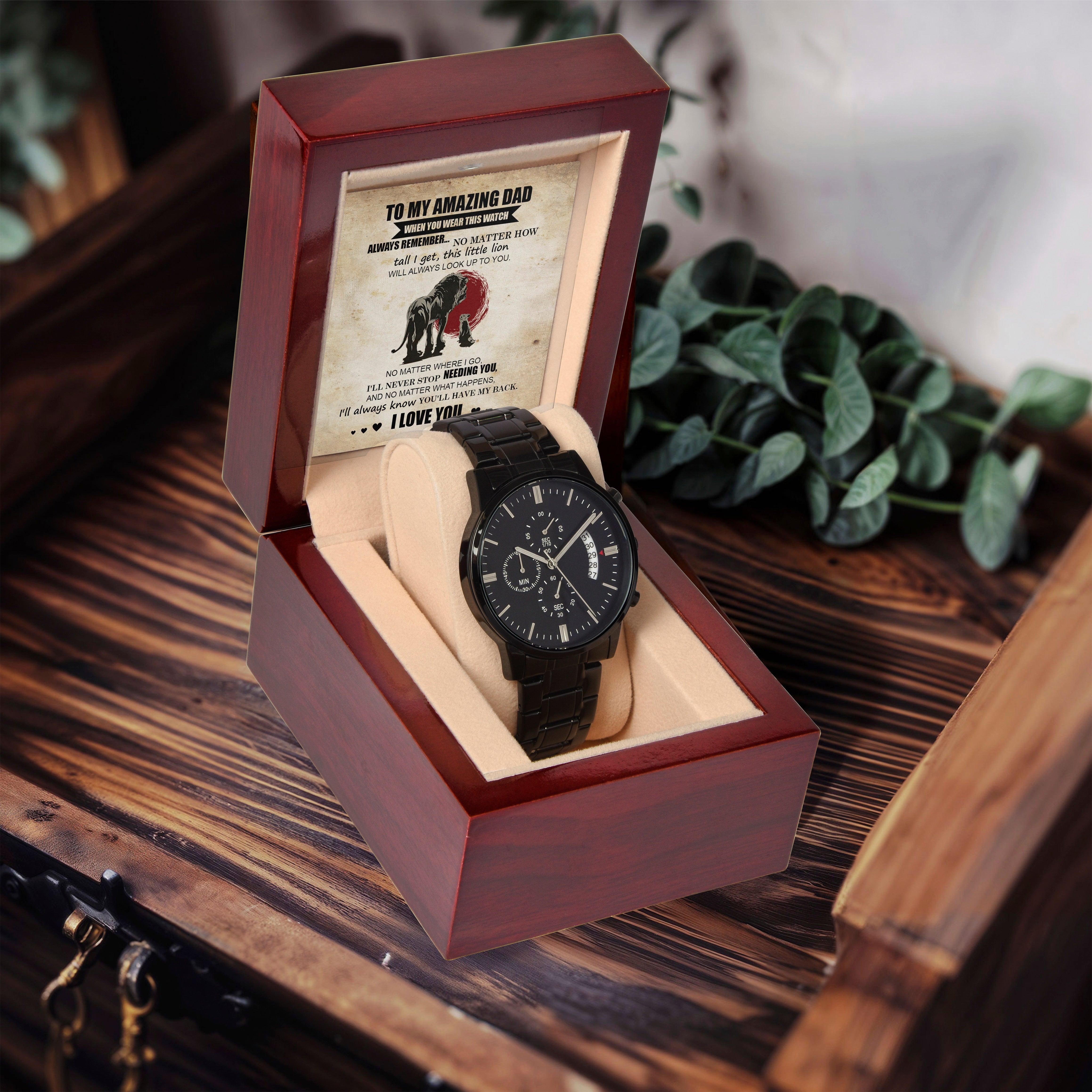 Dad Gift - This Little Lion Will Always Look Up to You - Black Chronograph Watch - Mallard Moon Gift Shop
