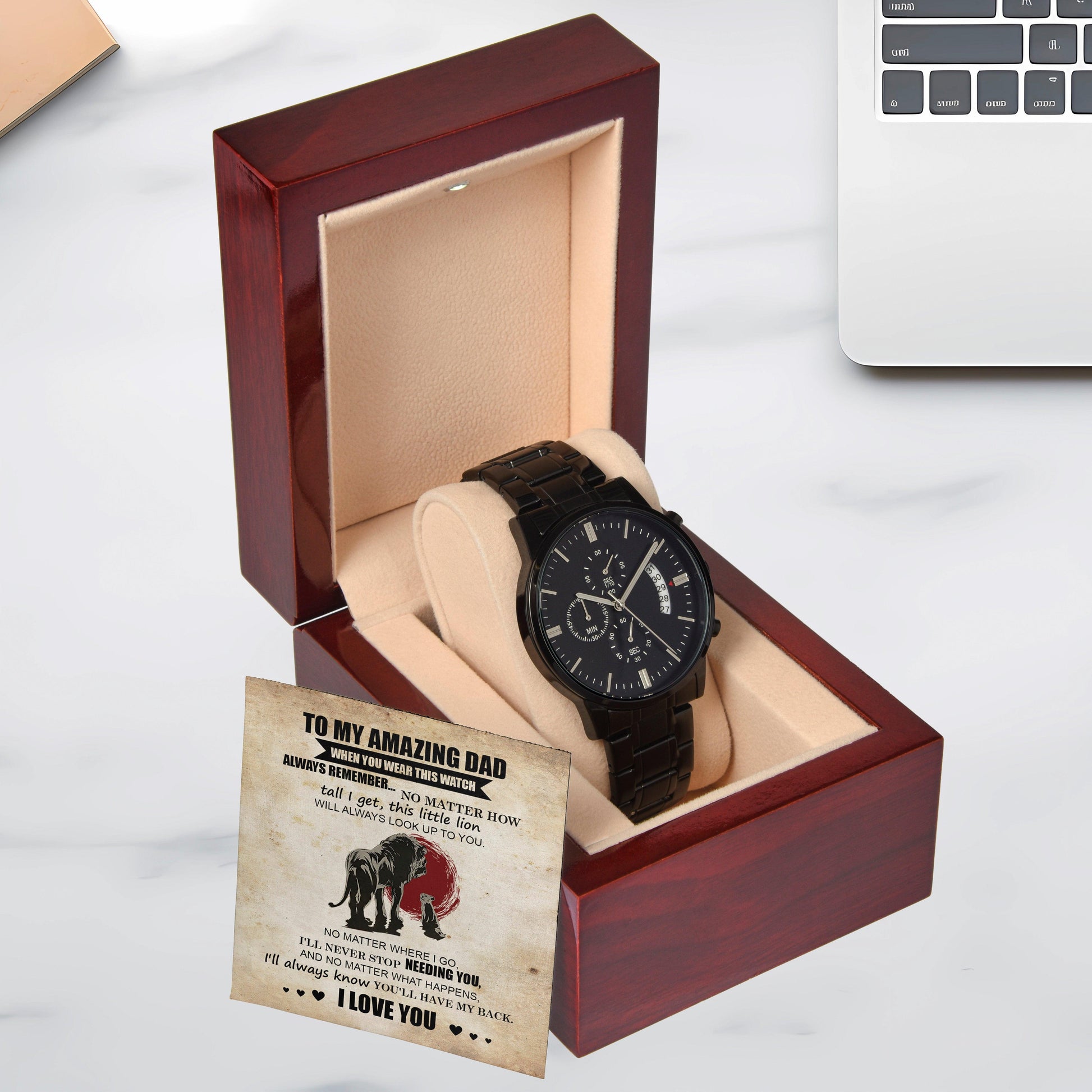 Dad Gift - This Little Lion Will Always Look Up to You - Black Chronograph Watch - Mallard Moon Gift Shop