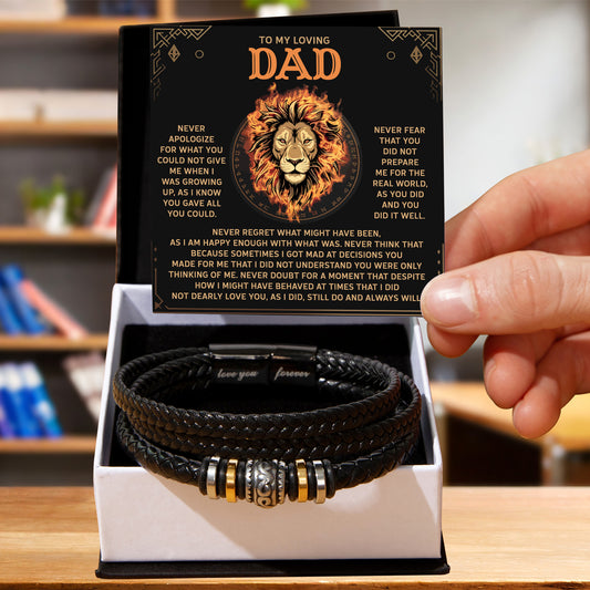 To My Loving Dad Leather Bracelet Gift – Unconditional Love and Appreciation Lion Message Card - Thoughtful Father's Day or Birthday Gift from Son or Daughter - Mallard Moon Gift Shop