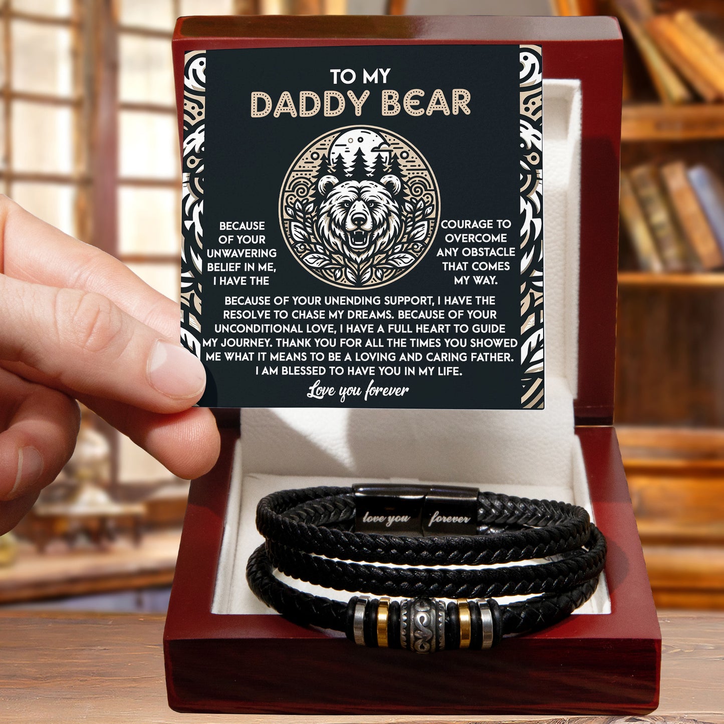To My Daddy Bear Leather Bracelet with Message Card – Unwavering Belief & Support – Father's Day, Birthday, or Christmas Gift for Dad - Mallard Moon Gift Shop