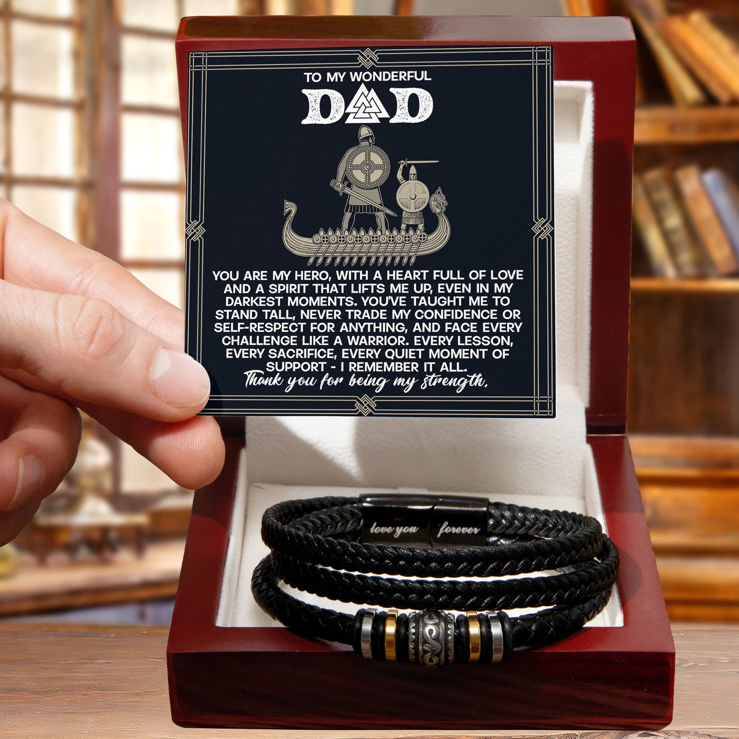 Dad - You are my Hero - Braided Vegan Leather Bracelet with Viking Heartfelt Message Card Birthday, Father's Day, Christmas Gift - Mallard Moon Gift Shop
