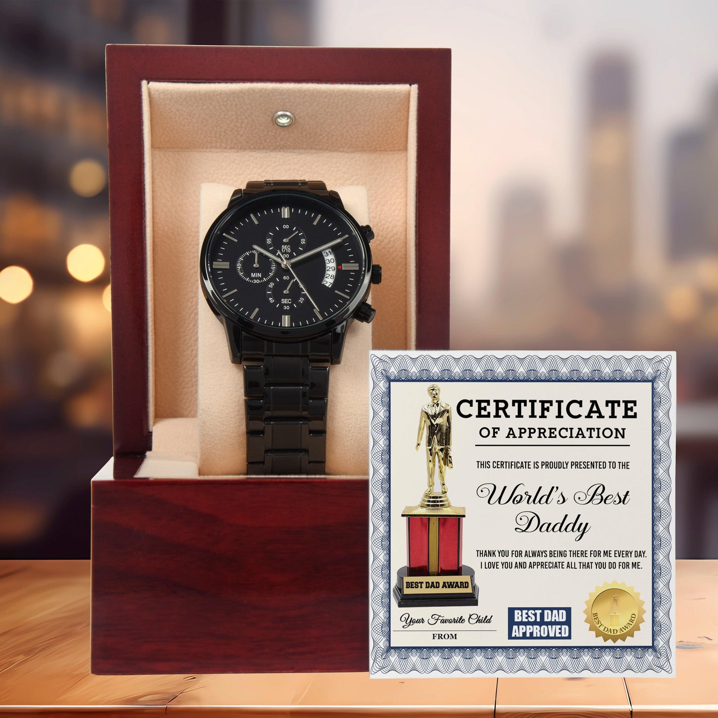 Dad Gift Certificate of  World's Best Daddy Black Chronograph Watch - Mallard Moon Gift Shop