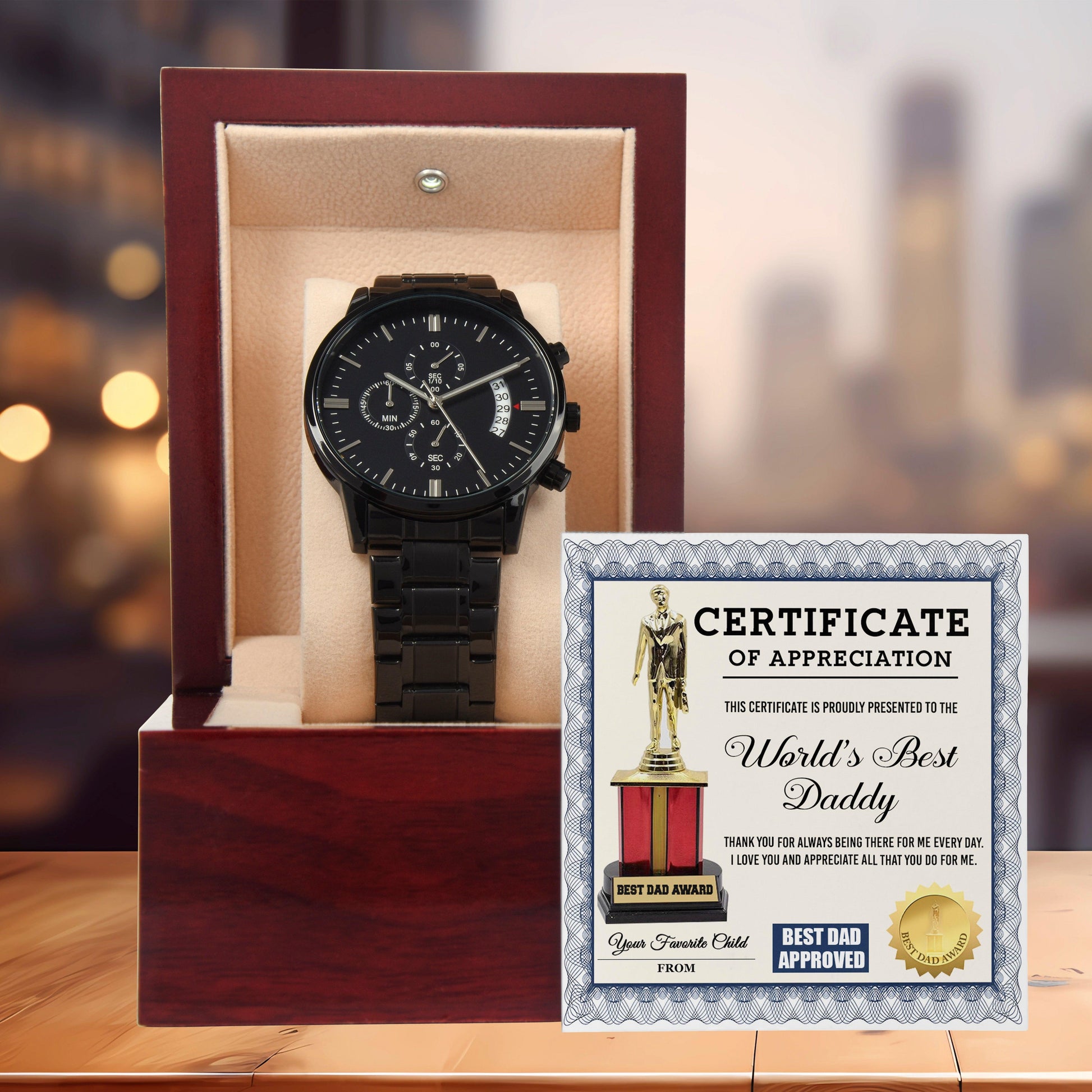 Dad Gift Certificate of  World's Best Daddy Black Chronograph Watch - Mallard Moon Gift Shop