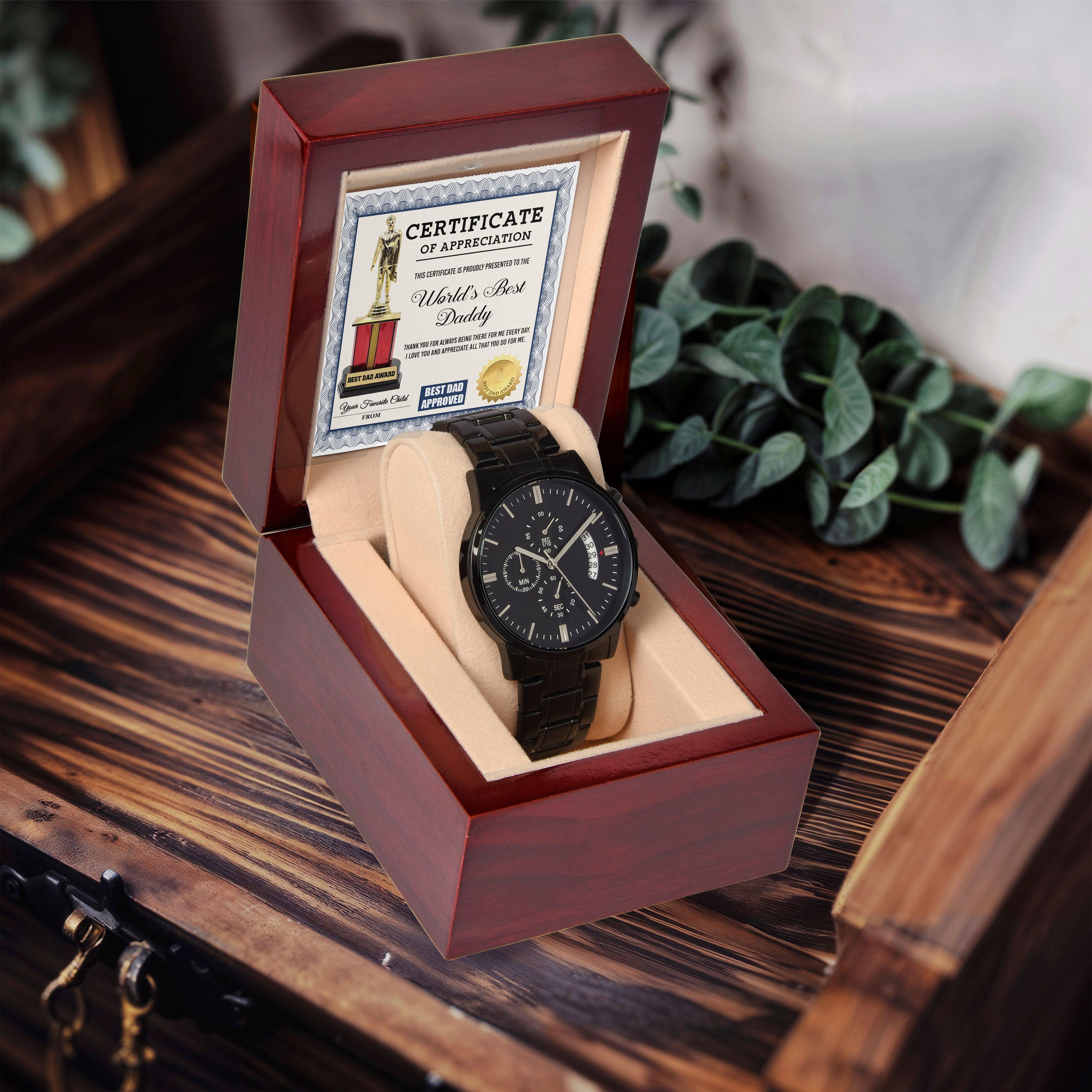 Dad Gift Certificate of  World's Best Daddy Black Chronograph Watch - Mallard Moon Gift Shop