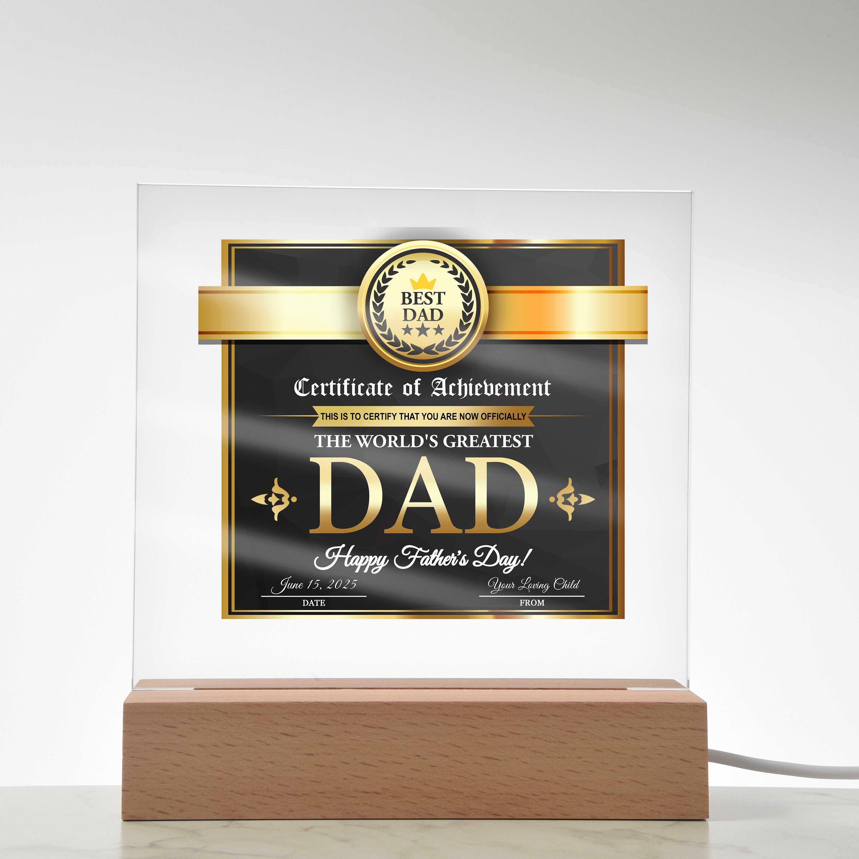 Certificate of Achievement for the World's Greatest Dad Personalized Acrylic Plaque - Mallard Moon Gift Shop