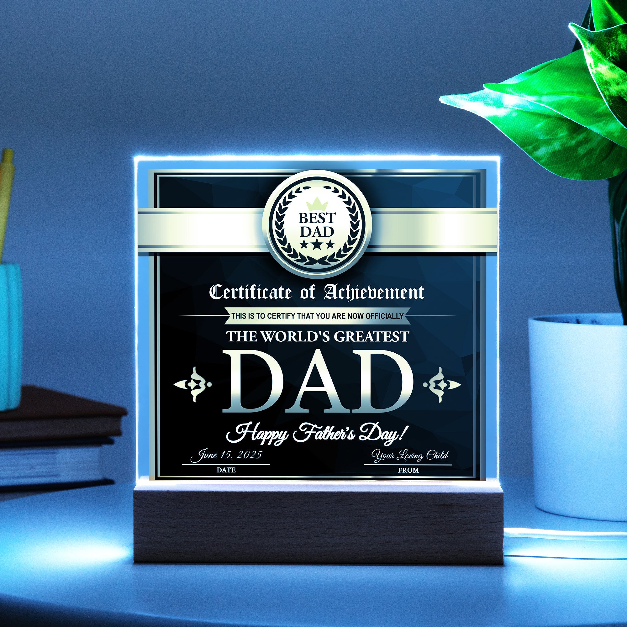 Certificate of Achievement for the World's Greatest Dad Personalized Acrylic Plaque - Mallard Moon Gift Shop