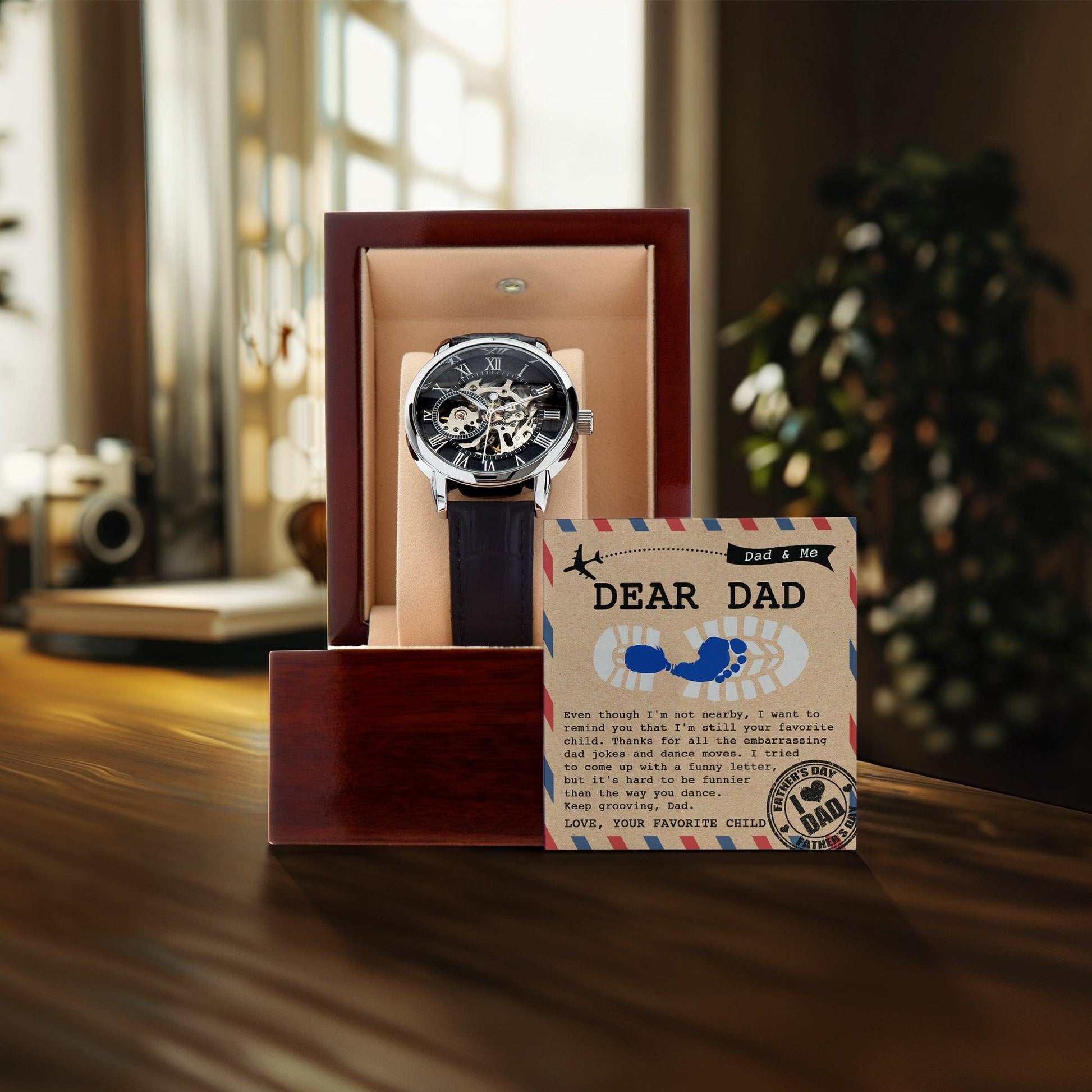 Dad Gift -Thanks for All The Embarrassing Dad Jokes and Dance Moves - Your Favorite Child Men's Openwork Watch with Gift Box - Mallard Moon Gift Shop