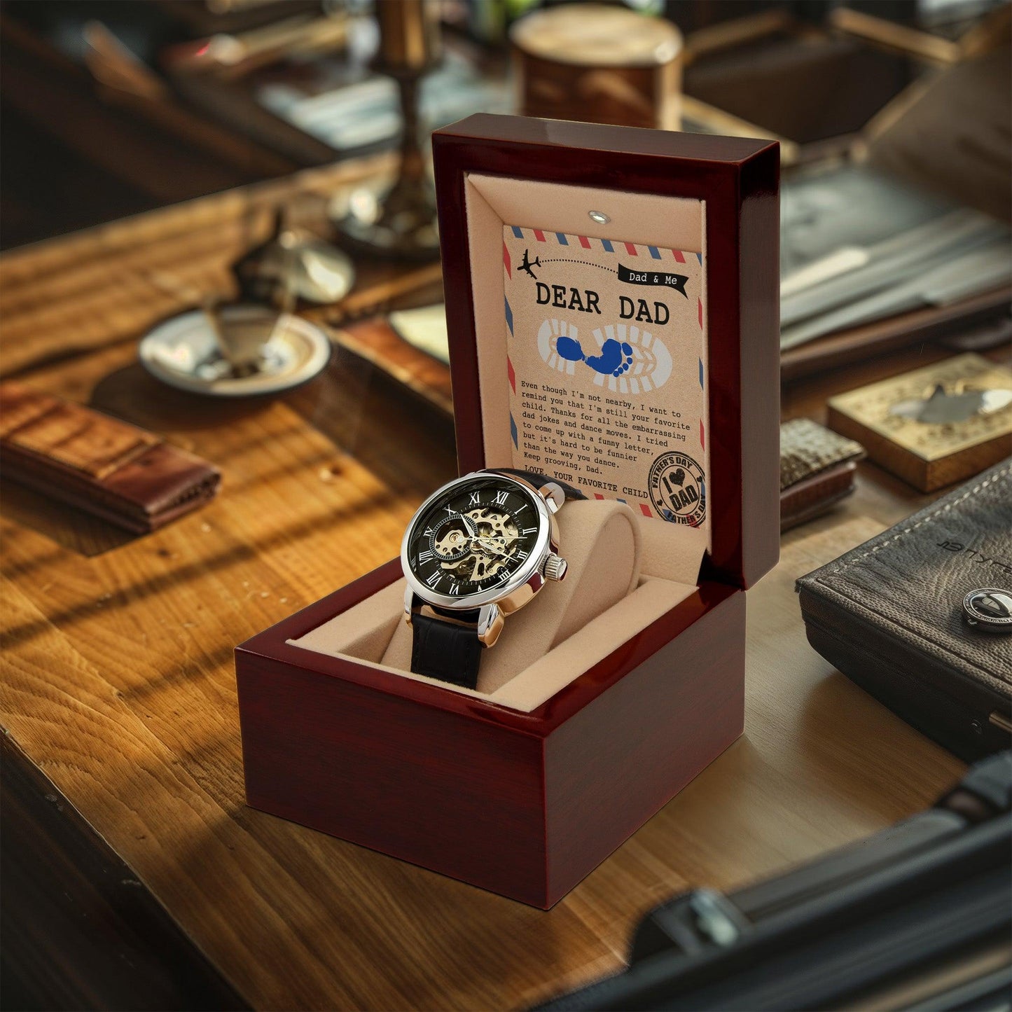 Dad Gift -Thanks for All The Embarrassing Dad Jokes and Dance Moves - Your Favorite Child Men's Openwork Watch with Gift Box - Mallard Moon Gift Shop