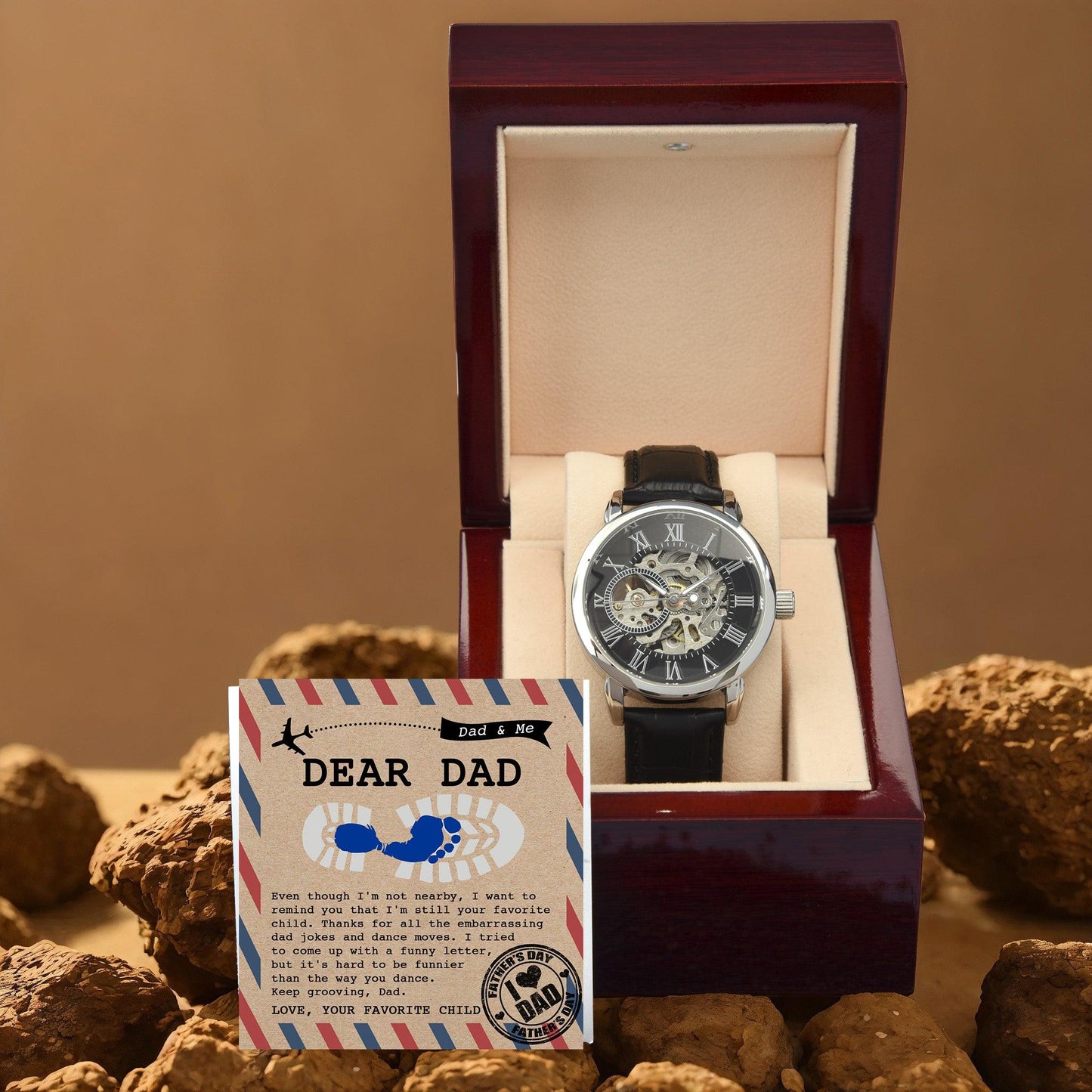 Dad Gift -Thanks for All The Embarrassing Dad Jokes and Dance Moves - Your Favorite Child Men's Openwork Watch with Gift Box - Mallard Moon Gift Shop