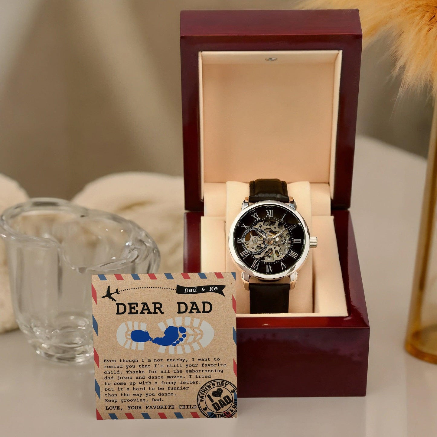 Dad Gift -Thanks for All The Embarrassing Dad Jokes and Dance Moves - Your Favorite Child Men's Openwork Watch with Gift Box - Mallard Moon Gift Shop