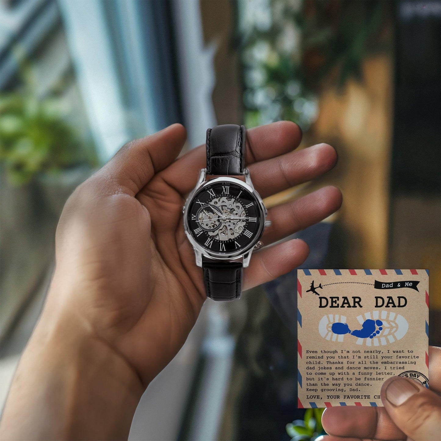 Dad Gift -Thanks for All The Embarrassing Dad Jokes and Dance Moves - Your Favorite Child Men's Openwork Watch with Gift Box - Mallard Moon Gift Shop