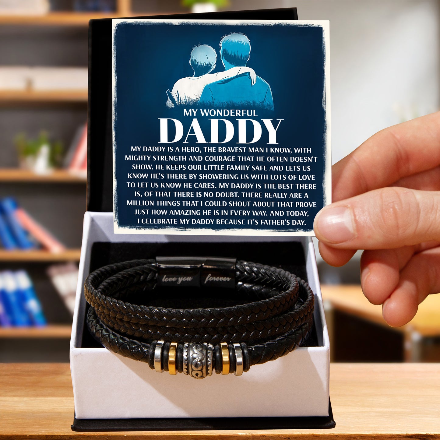 My Wonderful Daddy - Men's Vegan Leather Bracelet with Message Card - Meaningful Gift for Dad from Son or Daughter - Mallard Moon Gift Shop