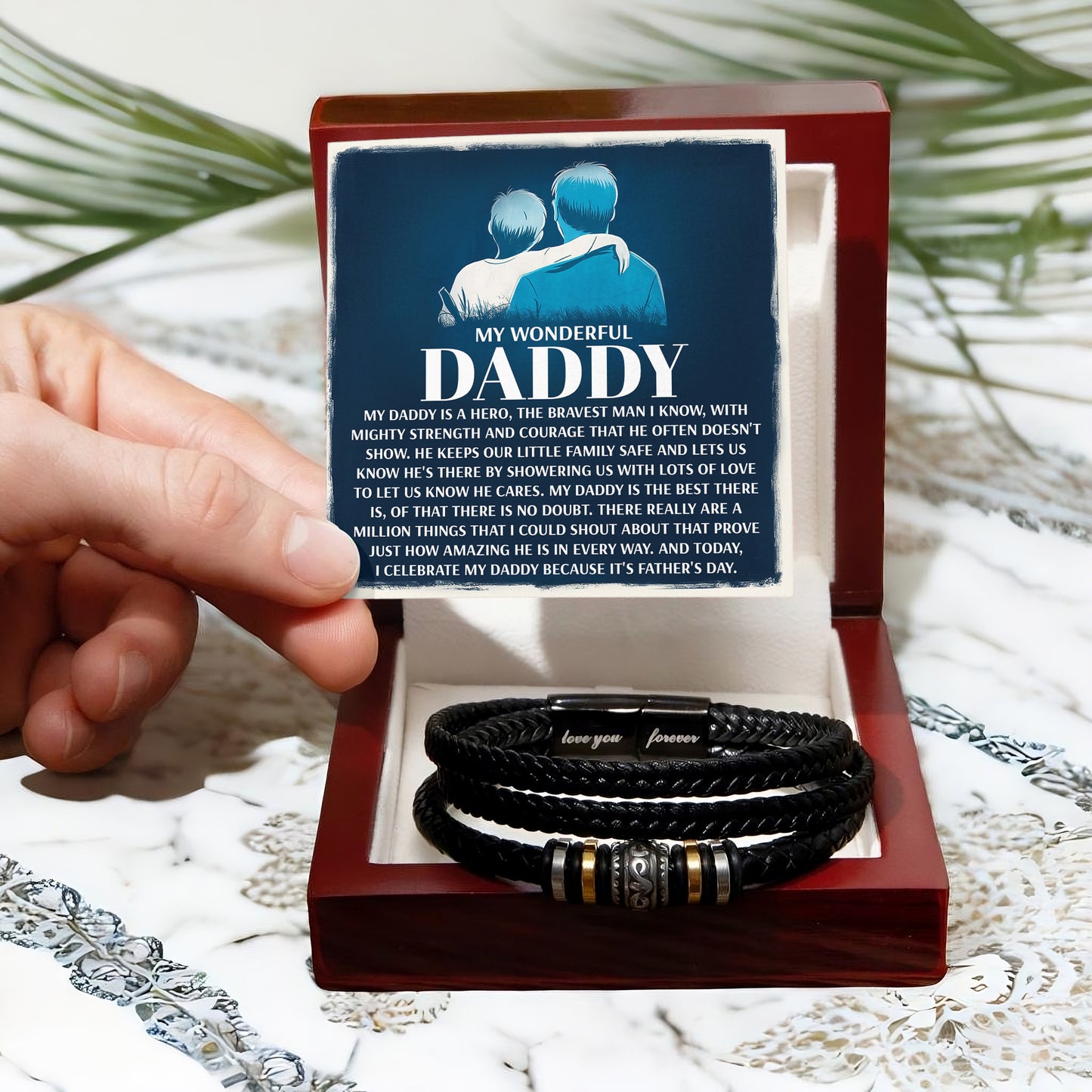 My Wonderful Daddy - Men's Vegan Leather Bracelet with Message Card - Meaningful Gift for Dad from Son or Daughter - Mallard Moon Gift Shop