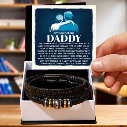 My Wonderful Daddy - Men's Vegan Leather Bracelet with Message Card - Meaningful Gift for Dad from Son or Daughter - Mallard Moon Gift Shop