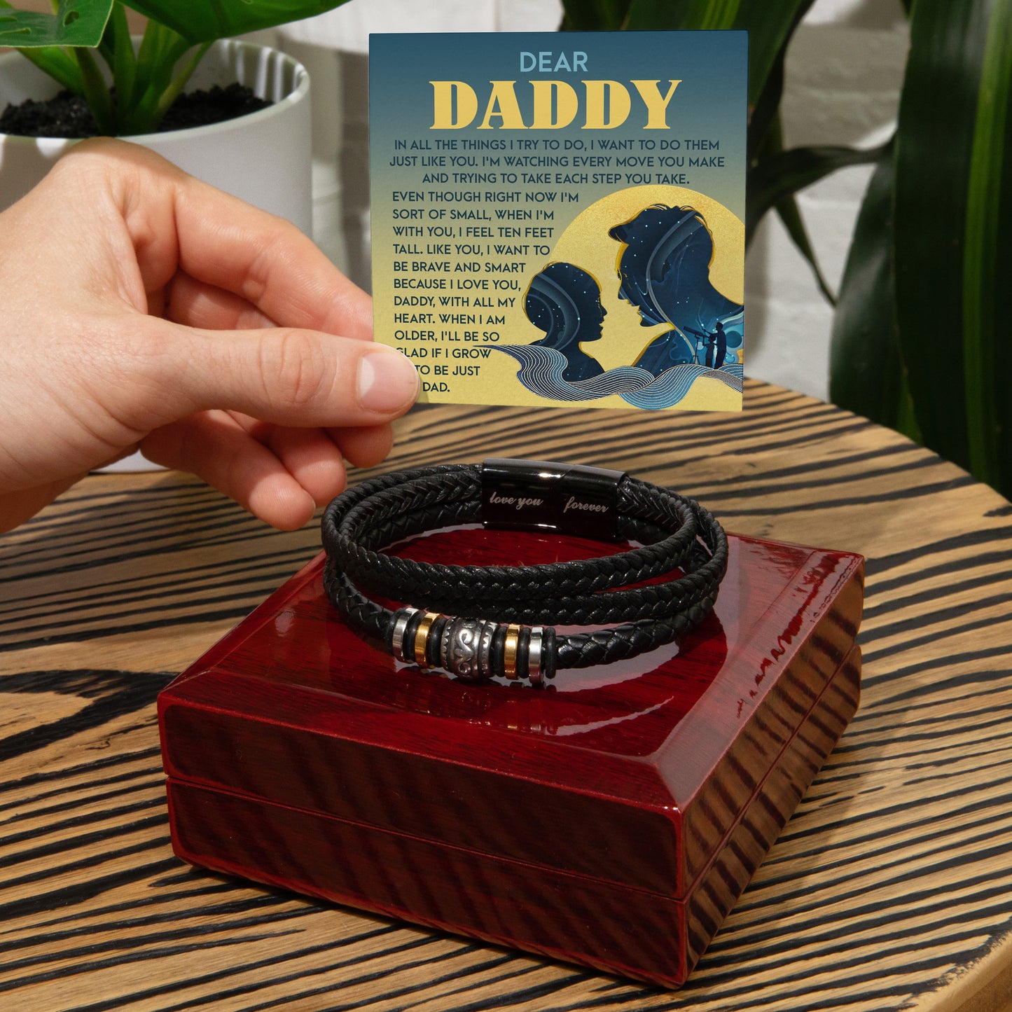 Dear Daddy Men's Vegan Leather Bracelet Birthday, Father's Day Gift with Heartfelt “Just Like You” Message Card for Dad from Son or Daughter - Mallard Moon Gift Shop