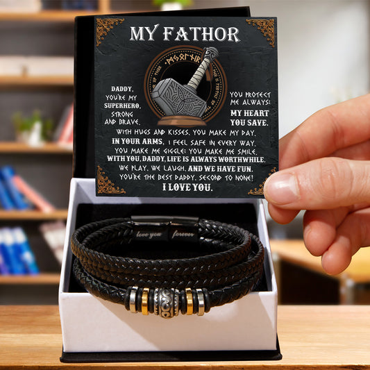 My Father Superhero Viking Men's Vegan Leather Bracelet with Norse-Inspired Superhero Message Card - Unique Gift for Dad from Son or Daughter - Mallard Moon Gift Shop