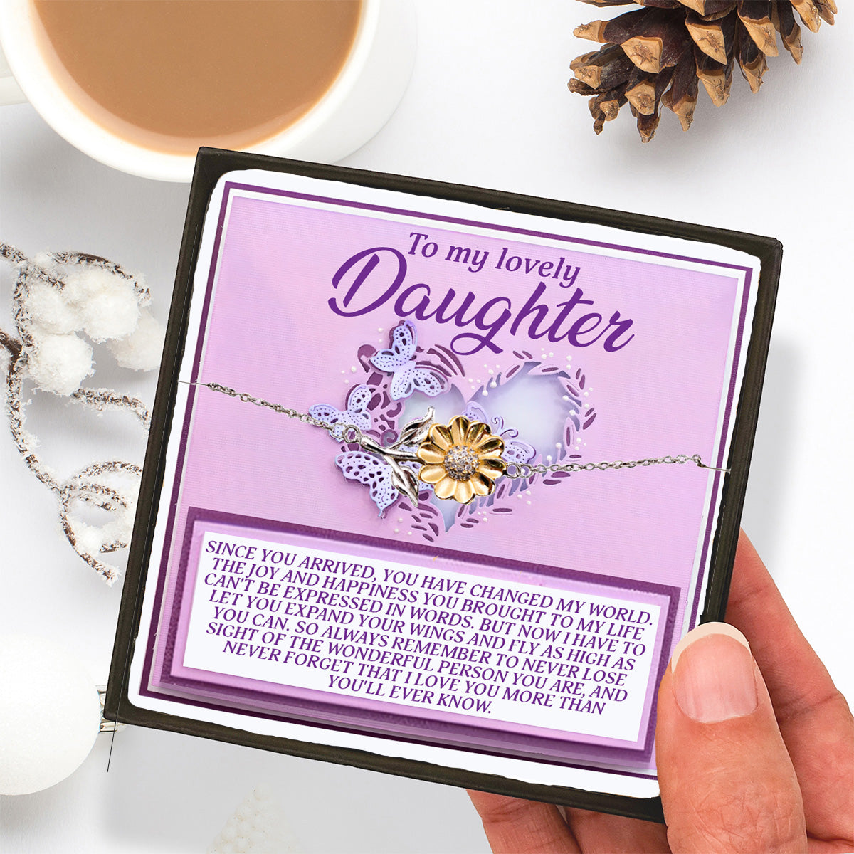To My Lovely Daughter – Expand Your Wings and Fly – Sunflower Bracelet Gift with Message Card - Mallard Moon Gift Shop