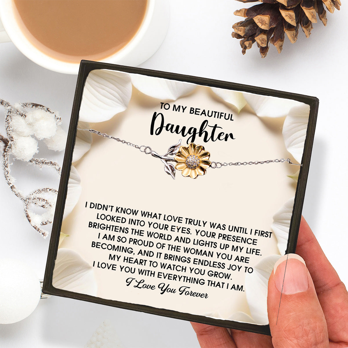 Daughter Sunflower Bracelet - Proud of You  – 925 Sterling Silver with 18K Gold-Plated Petals – Meaningful Jewelry Gift from Parent – Includes Heartfelt Message Card - Mallard Moon Gift Shop