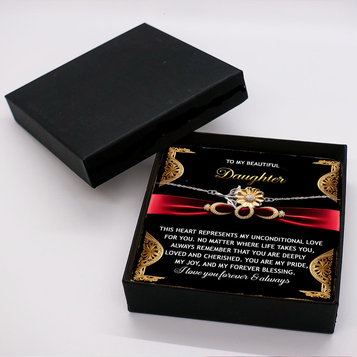 Daughter Sunflower Bracelet - Unconditional Love  – 925 Sterling Silver with 18K Gold-Plated Petals – Meaningful Jewelry Gift from Parent – Includes Heartfelt Message Card - Mallard Moon Gift Shop