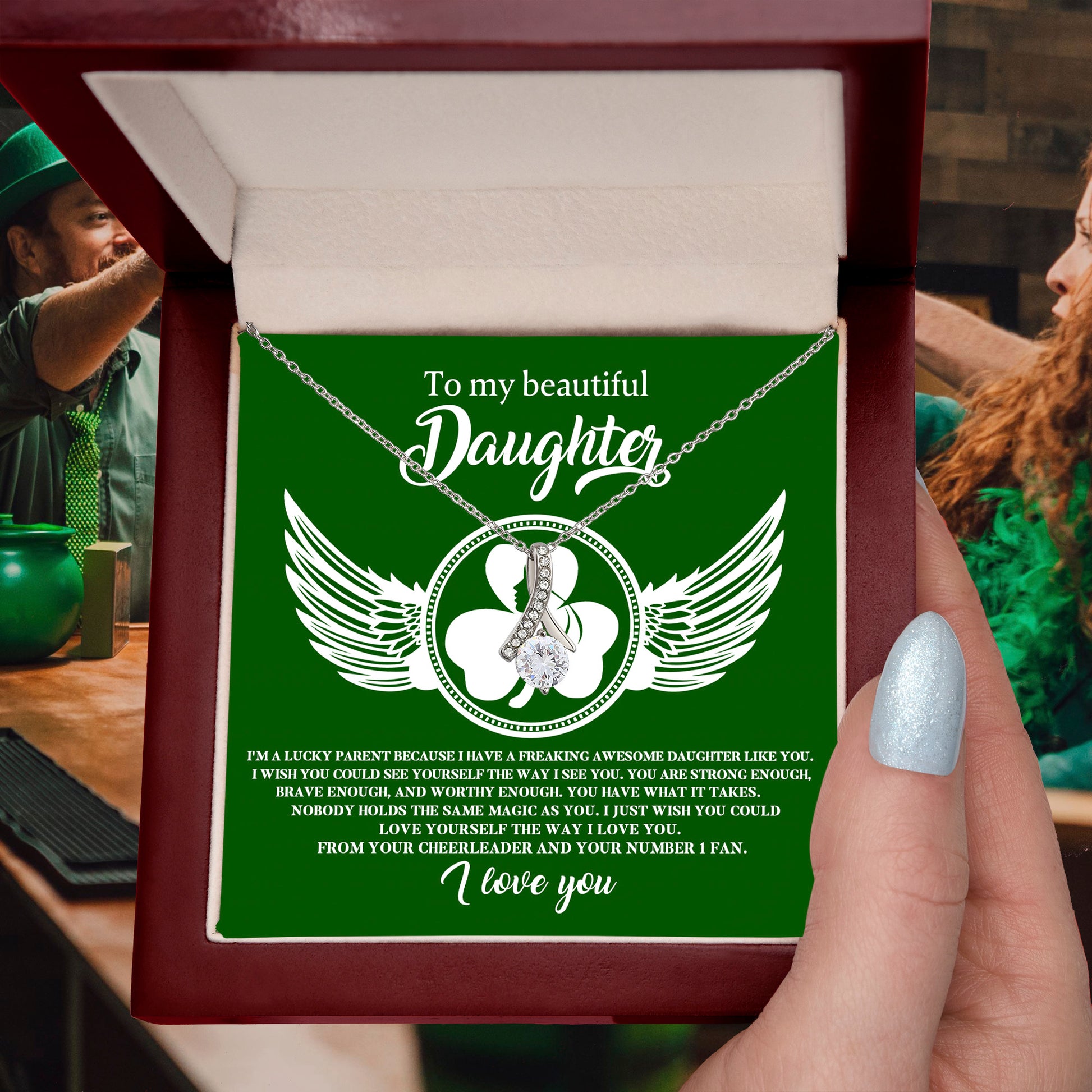 To My Beautiful Daughter – A Lucky & Loving Gift of Strength and Encouragement- Interlocking Hearts Necklace with Inspirational Message - Mallard Moon Gift Shop