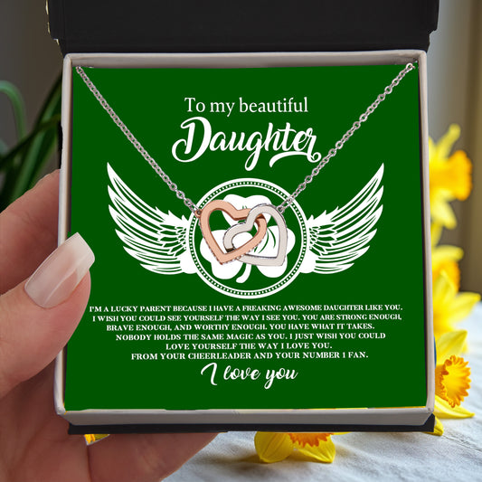 To My Beautiful Daughter – A Lucky & Loving Gift of Strength and Encouragement- Interlocking Hearts Necklace with Inspirational Message - Mallard Moon Gift Shop