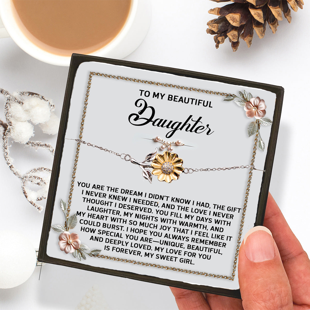Daughter Sunflower Bracelet – 925 Sterling Silver with 18K Gold-Plated Petals – Sentimental Jewelry Gift from Parent – Includes Heartfelt Message Card - Mallard Moon Gift Shop
