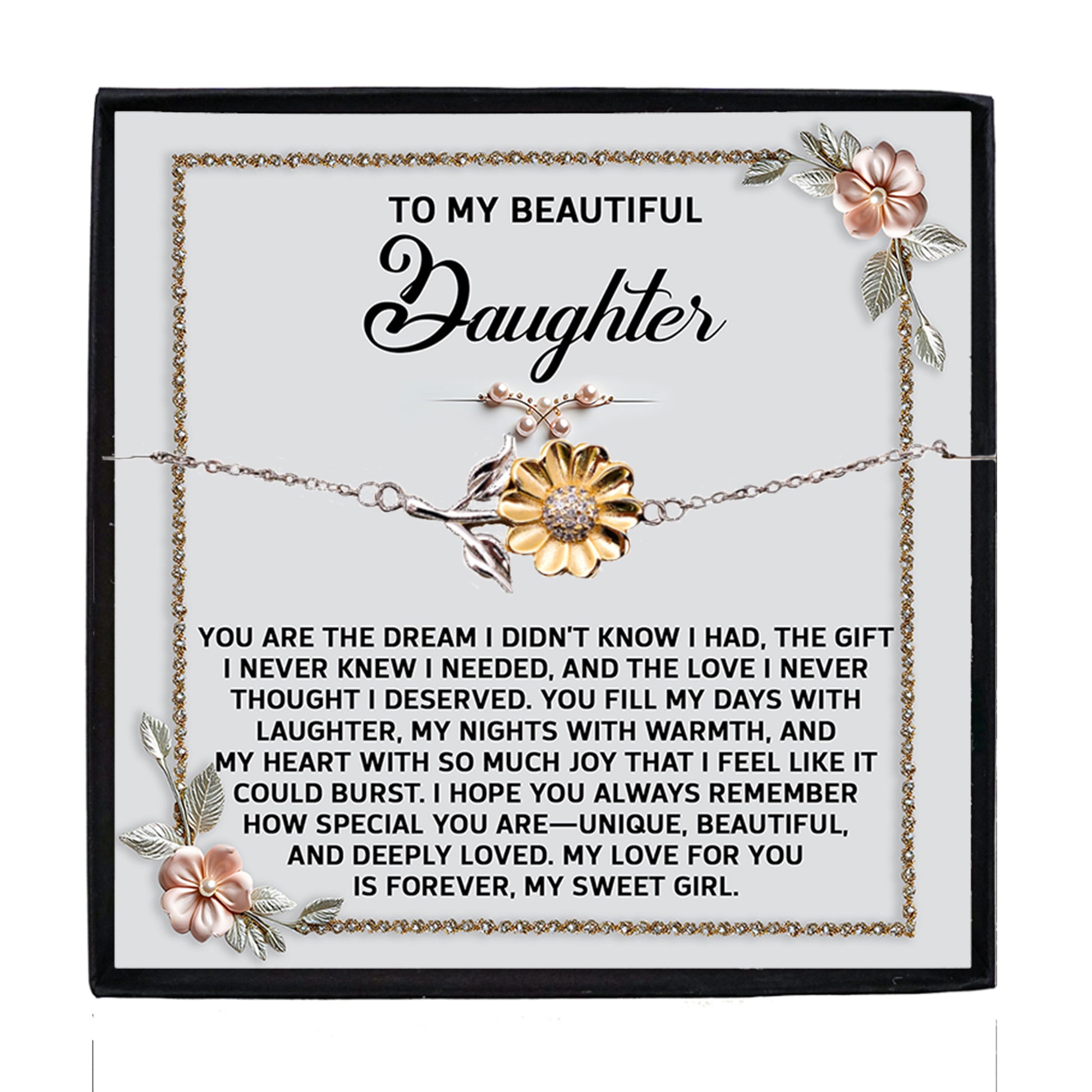 Daughter Sunflower Bracelet – 925 Sterling Silver with 18K Gold-Plated Petals – Sentimental Jewelry Gift from Parent – Includes Heartfelt Message Card - Mallard Moon Gift Shop