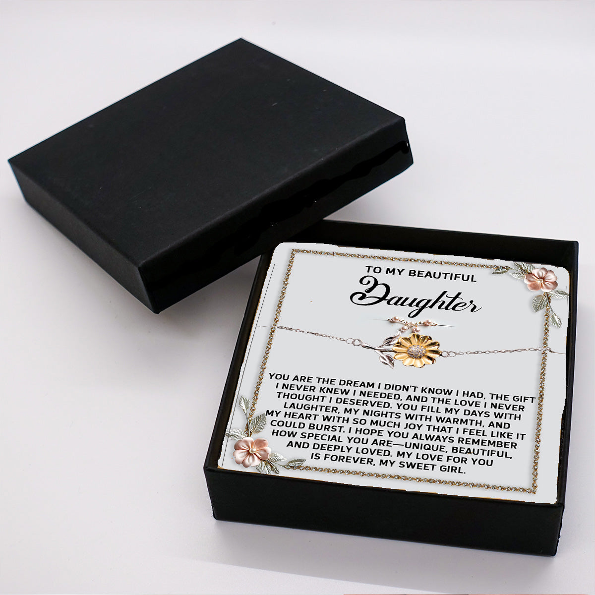 Daughter Sunflower Bracelet – 925 Sterling Silver with 18K Gold-Plated Petals – Sentimental Jewelry Gift from Parent – Includes Heartfelt Message Card - Mallard Moon Gift Shop