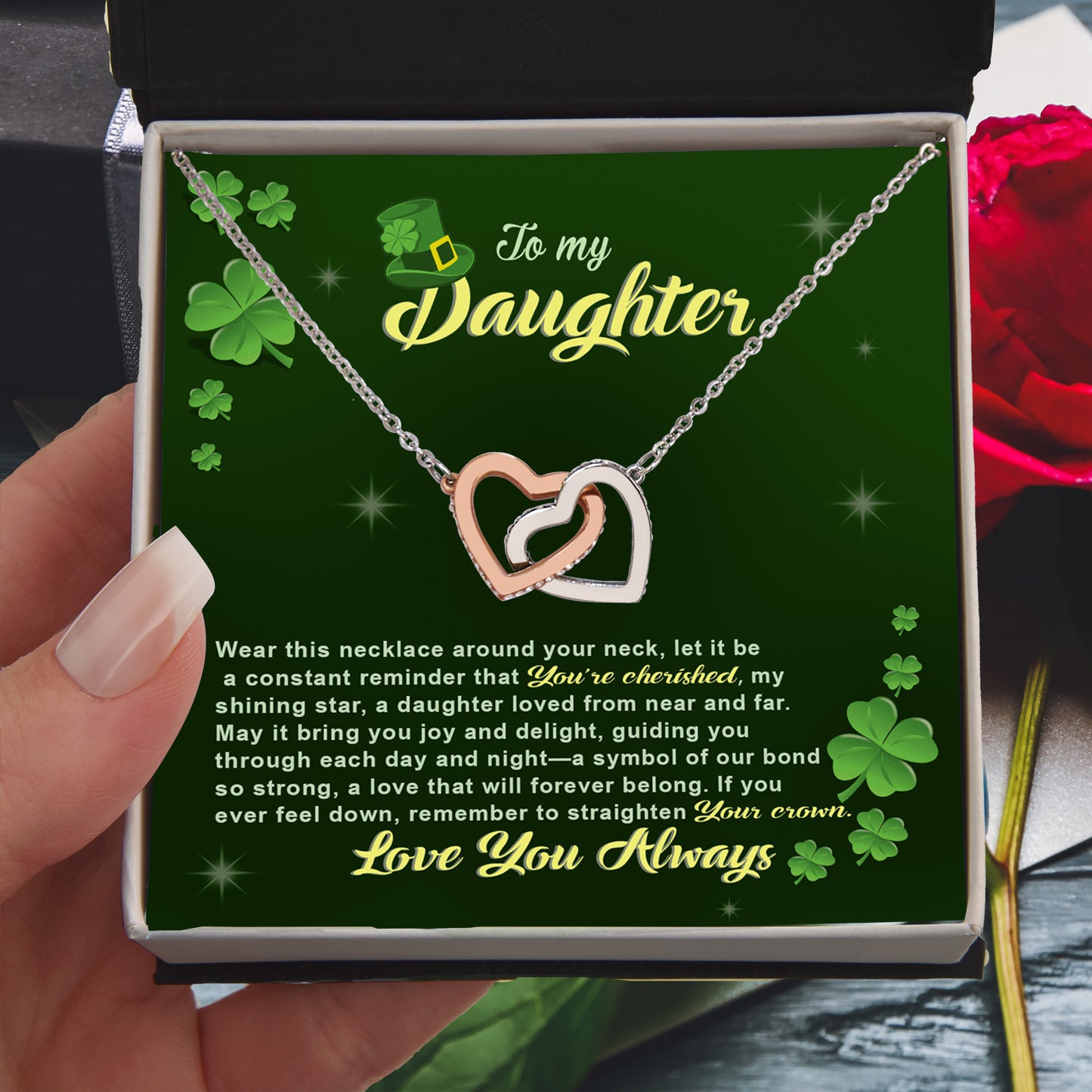To My Cherished Daughter, My Shining Star– Interlocking Hearts Necklace St. Patrick's Day Gift - Mallard Moon Gift Shop