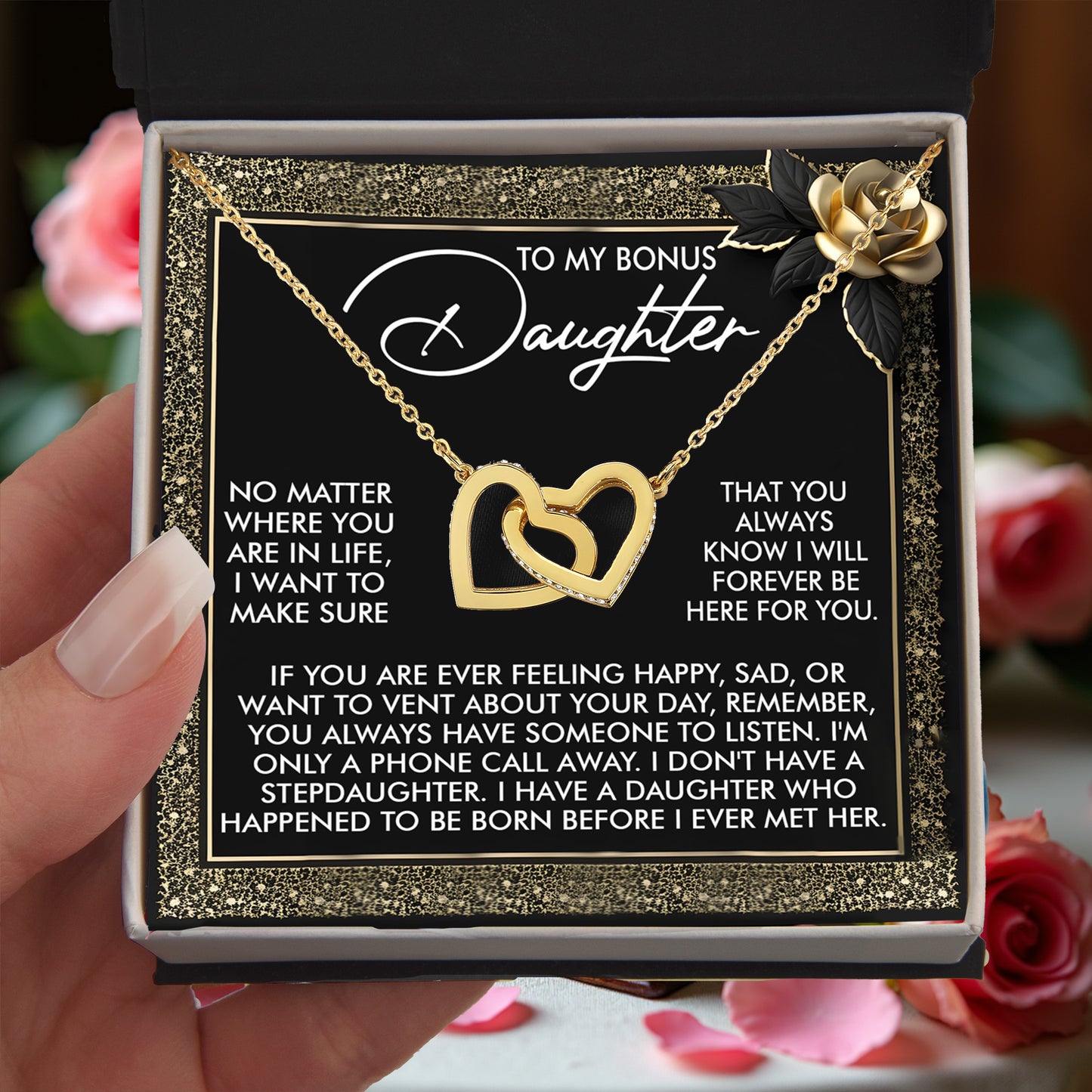 Gift for Bonus Daughter - I Will Forever Be Here for You - Interlocking Hearts Necklace - Mallard Moon Gift Shop