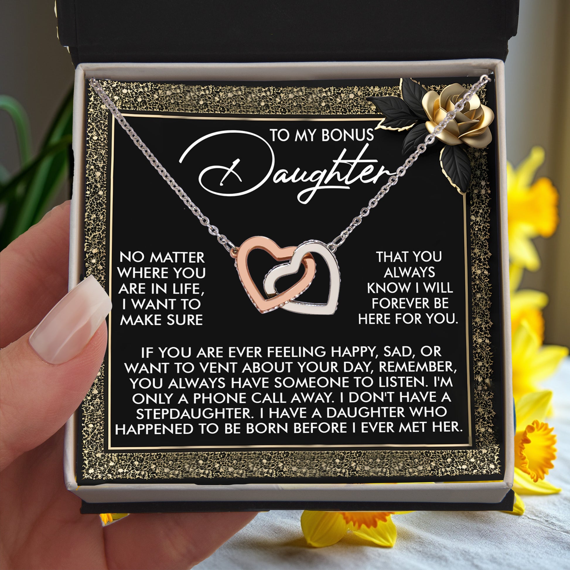 Gift for Bonus Daughter - I Will Forever Be Here for You - Interlocking Hearts Necklace - Mallard Moon Gift Shop