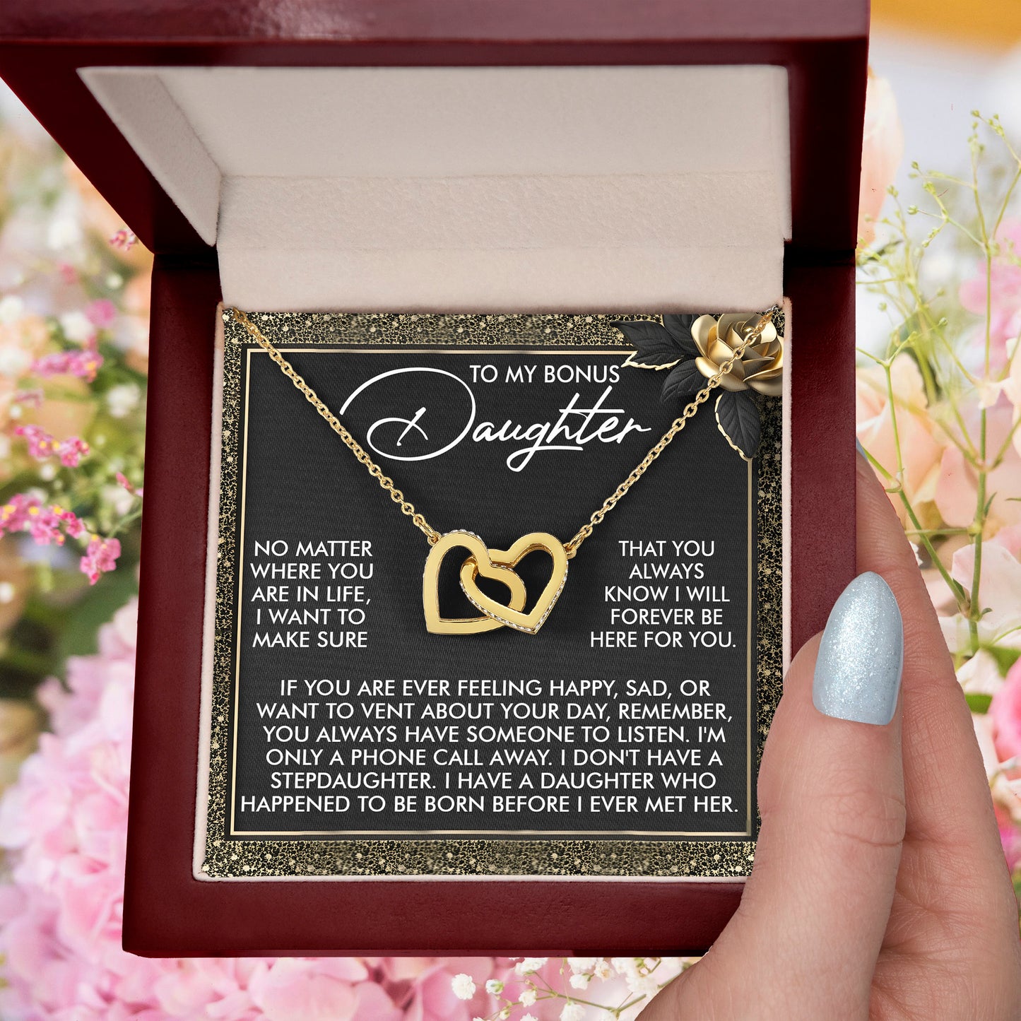 Gift for Bonus Daughter - I Will Forever Be Here for You - Interlocking Hearts Necklace - Mallard Moon Gift Shop