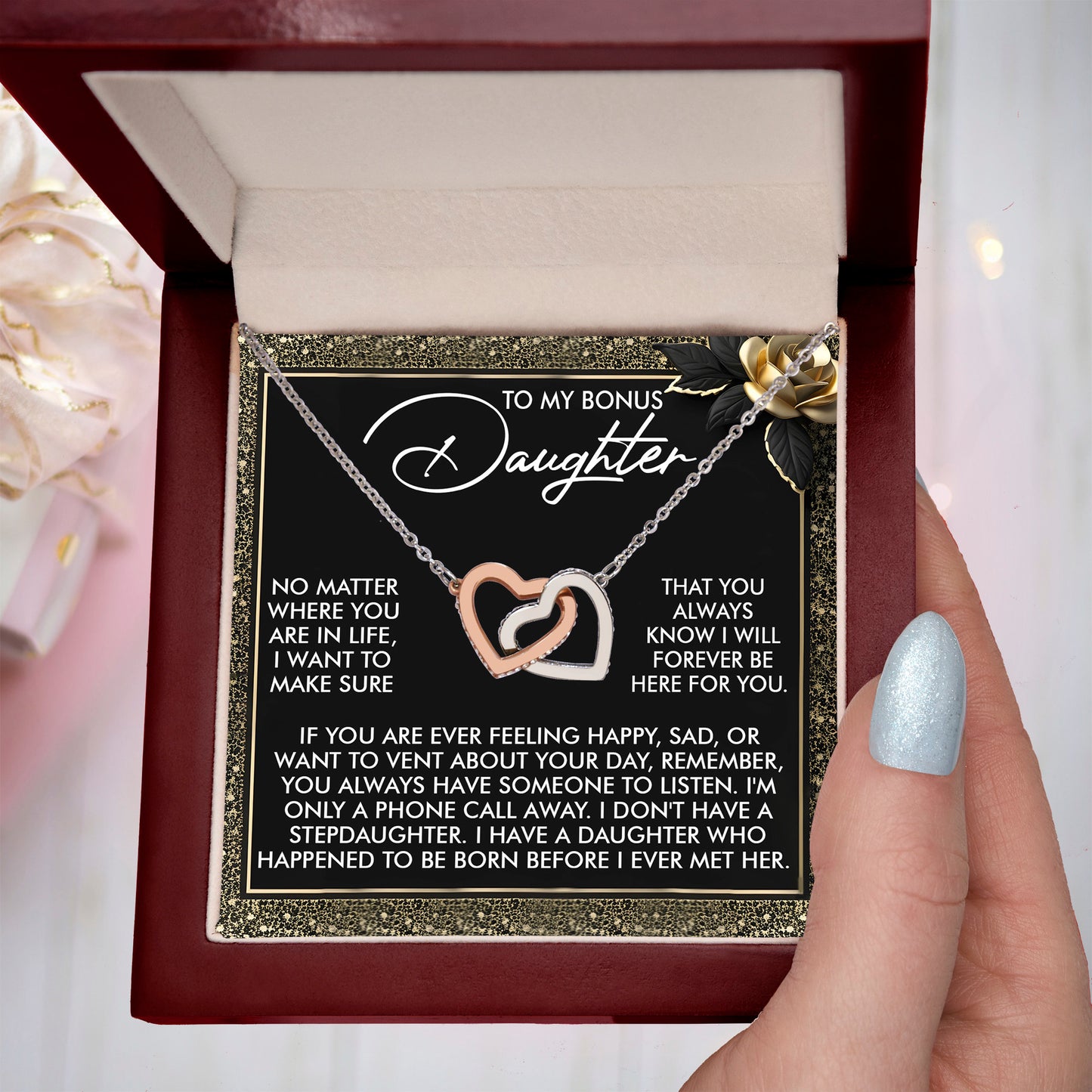 Gift for Bonus Daughter - I Will Forever Be Here for You - Interlocking Hearts Necklace - Mallard Moon Gift Shop