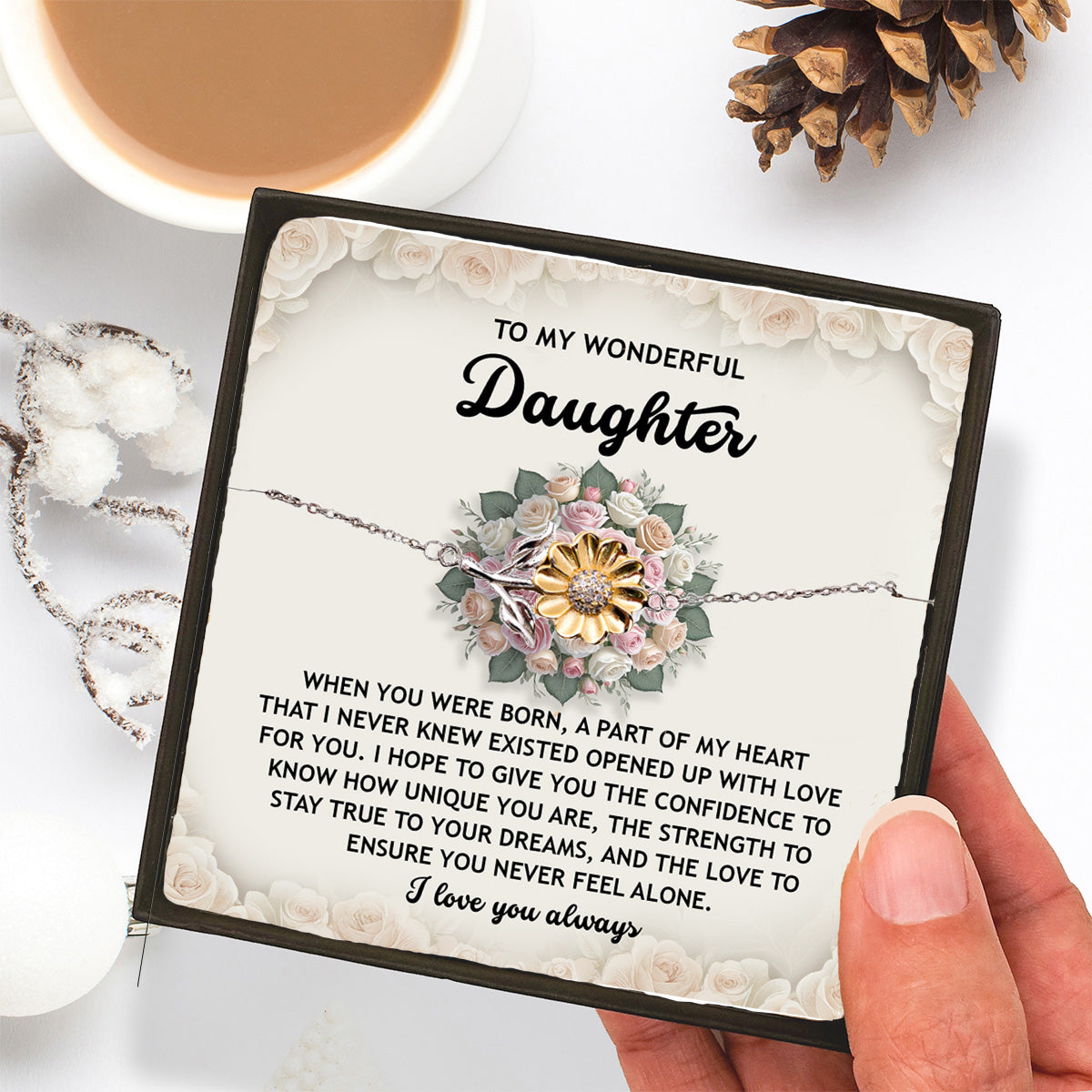 Daughter Sunflower Bracelet  – Sentimental Jewelry for Birthday, Graduation, Christmas Gift from Parent – Includes Heartfelt Message Card - Never Feel Alone - Mallard Moon Gift Shop