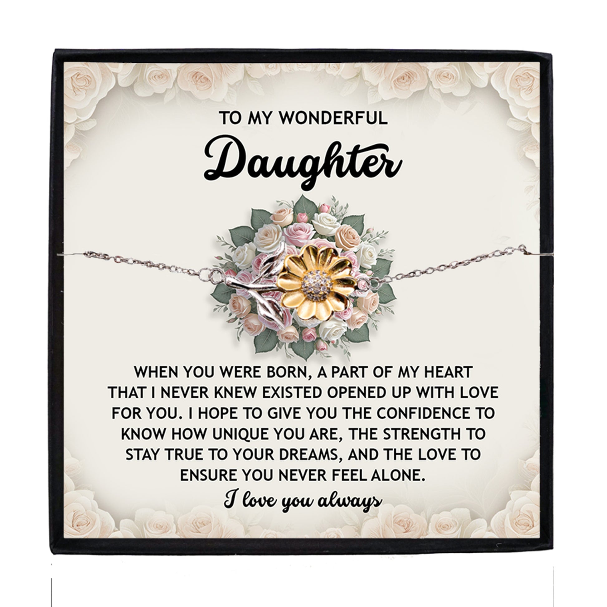 Daughter Sunflower Bracelet  – Sentimental Jewelry for Birthday, Graduation, Christmas Gift from Parent – Includes Heartfelt Message Card - Never Feel Alone - Mallard Moon Gift Shop